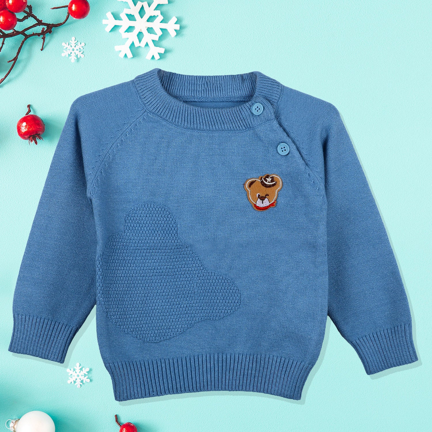 Bear Embroidery Premium Full Sleeves Knitted Sweater - Blue