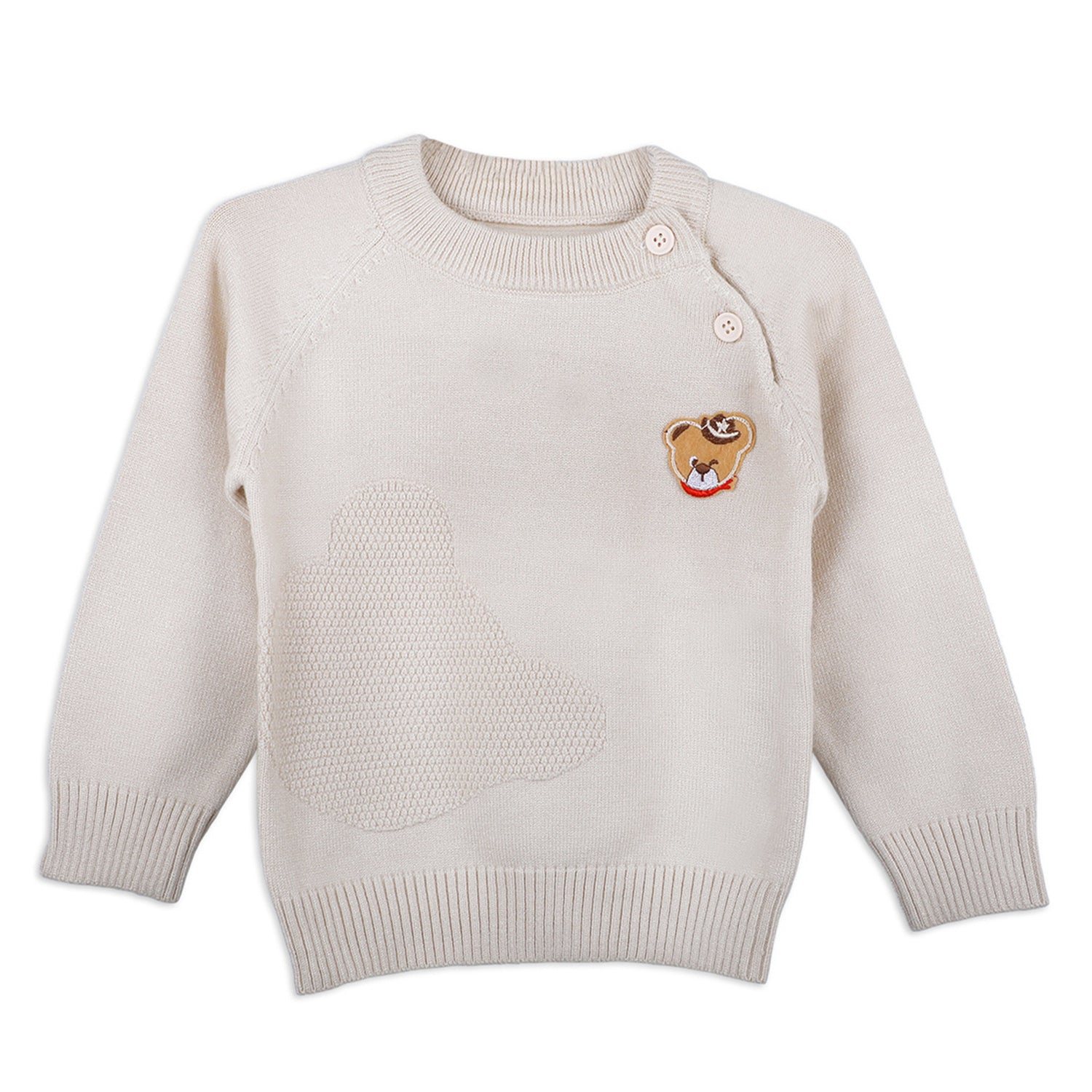 Bear Embroidery Premium Full Sleeves Knitted Sweater - White