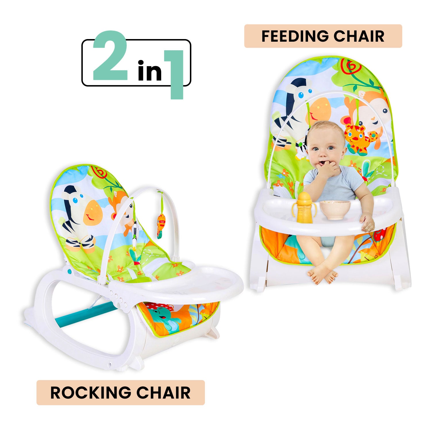 Baby Moo 2 In 1 Rocker Cum Feeding Chair 20 Kg Green