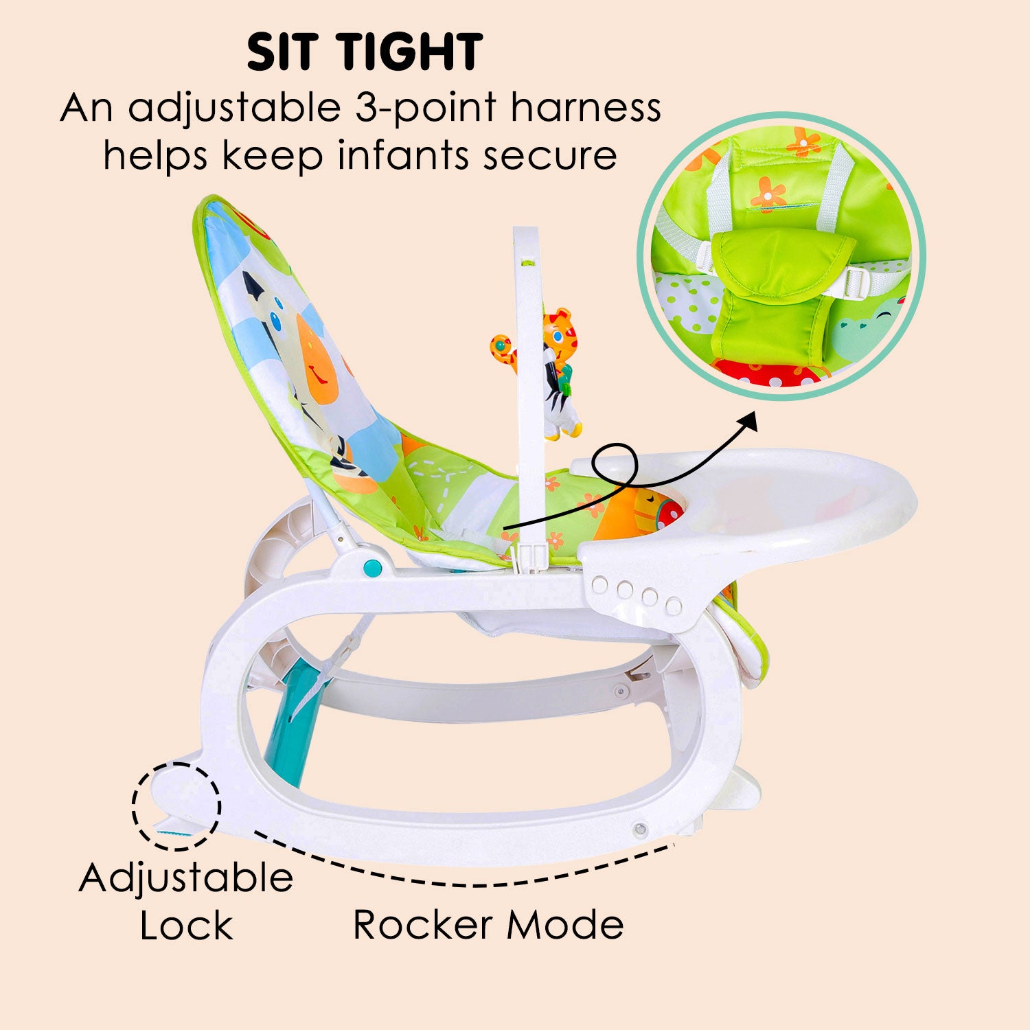 Baby Moo 2 In 1 Rocker Cum Feeding Chair 20 Kg Green