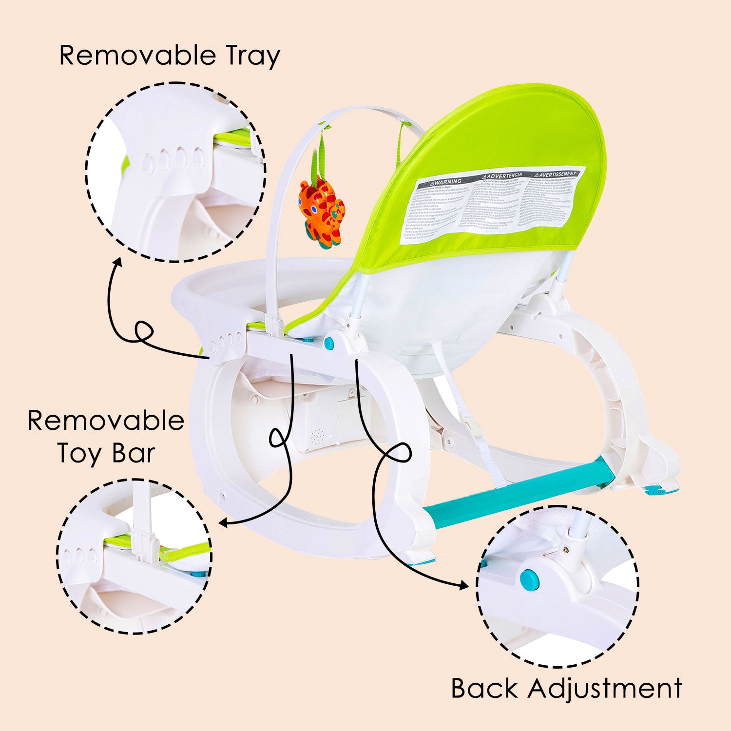 Baby Moo 2 In 1 Rocker Cum Feeding Chair 20 Kg Green