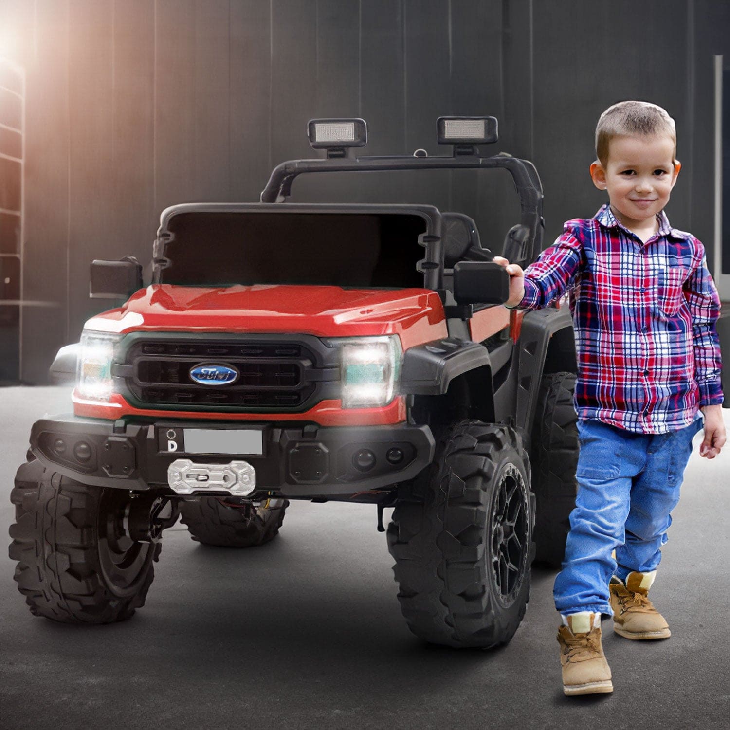 Baby Moo Ford 4X4 Battery Operated Electric Ride On Jeep Rechargeable 12V Battery With Remote Control LED Lights, Music & USB Port - Red