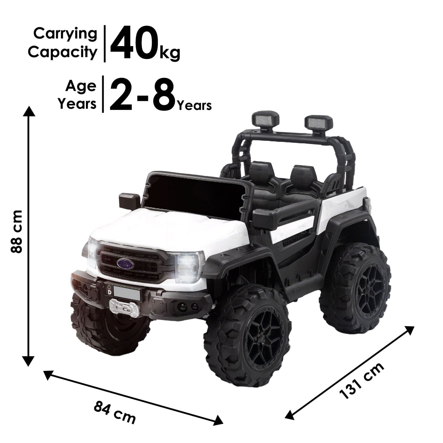 Baby Moo Ford 4X4 Battery Operated Electric Ride On Jeep Rechargeable 12V Battery With Remote Control LED Lights, Music & USB Port - White