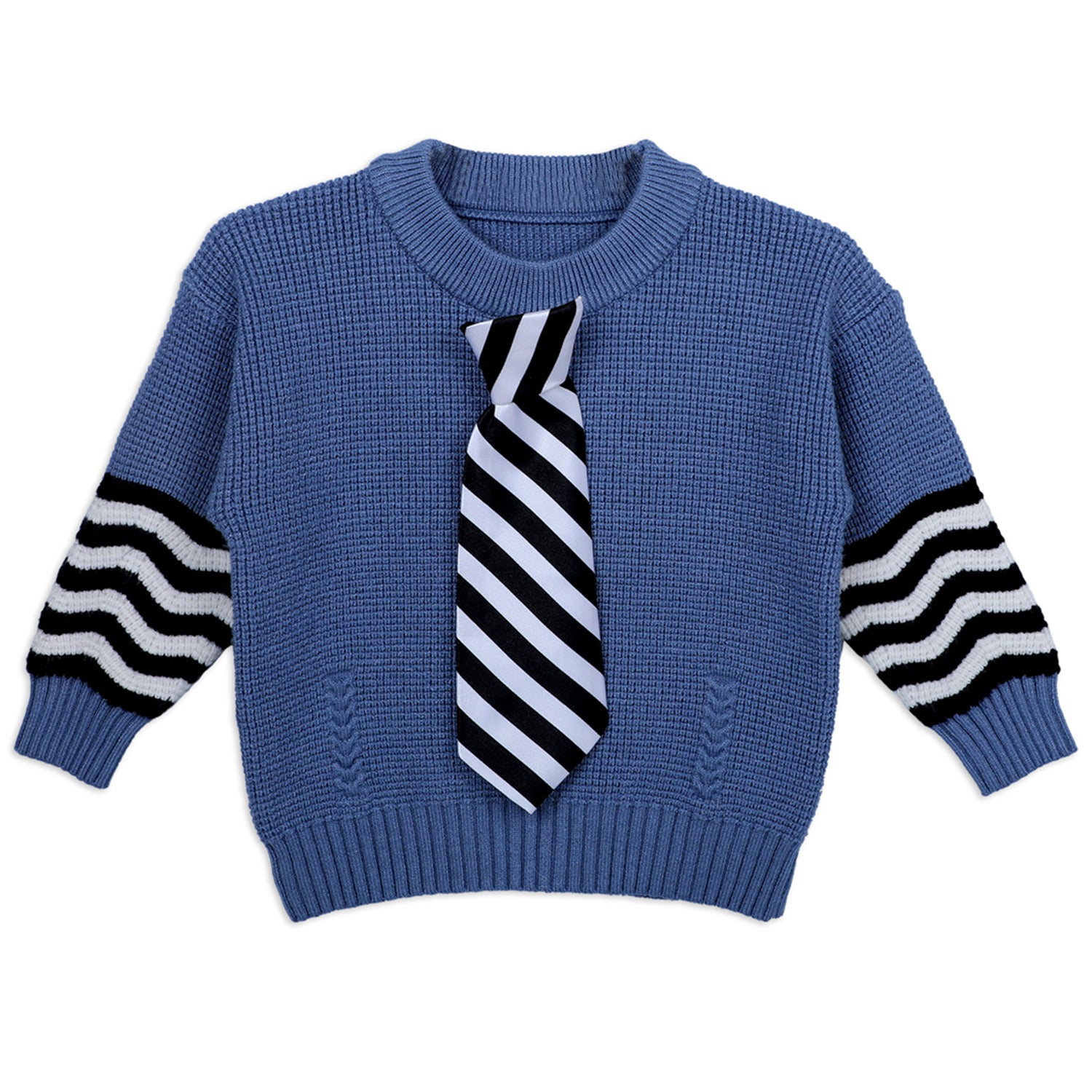 3D Neck Tie Premium Full Sleeves Knitted Sweater - Blue