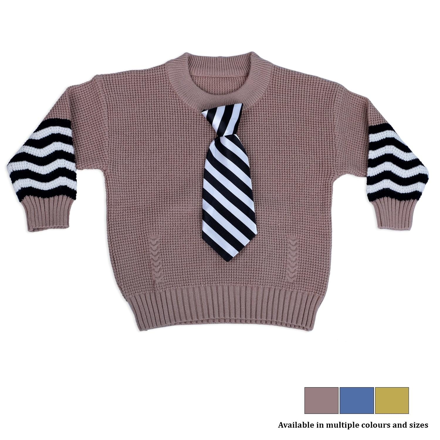 3D Neck Tie Premium Full Sleeves Knitted Sweater - Brown - Baby Moo