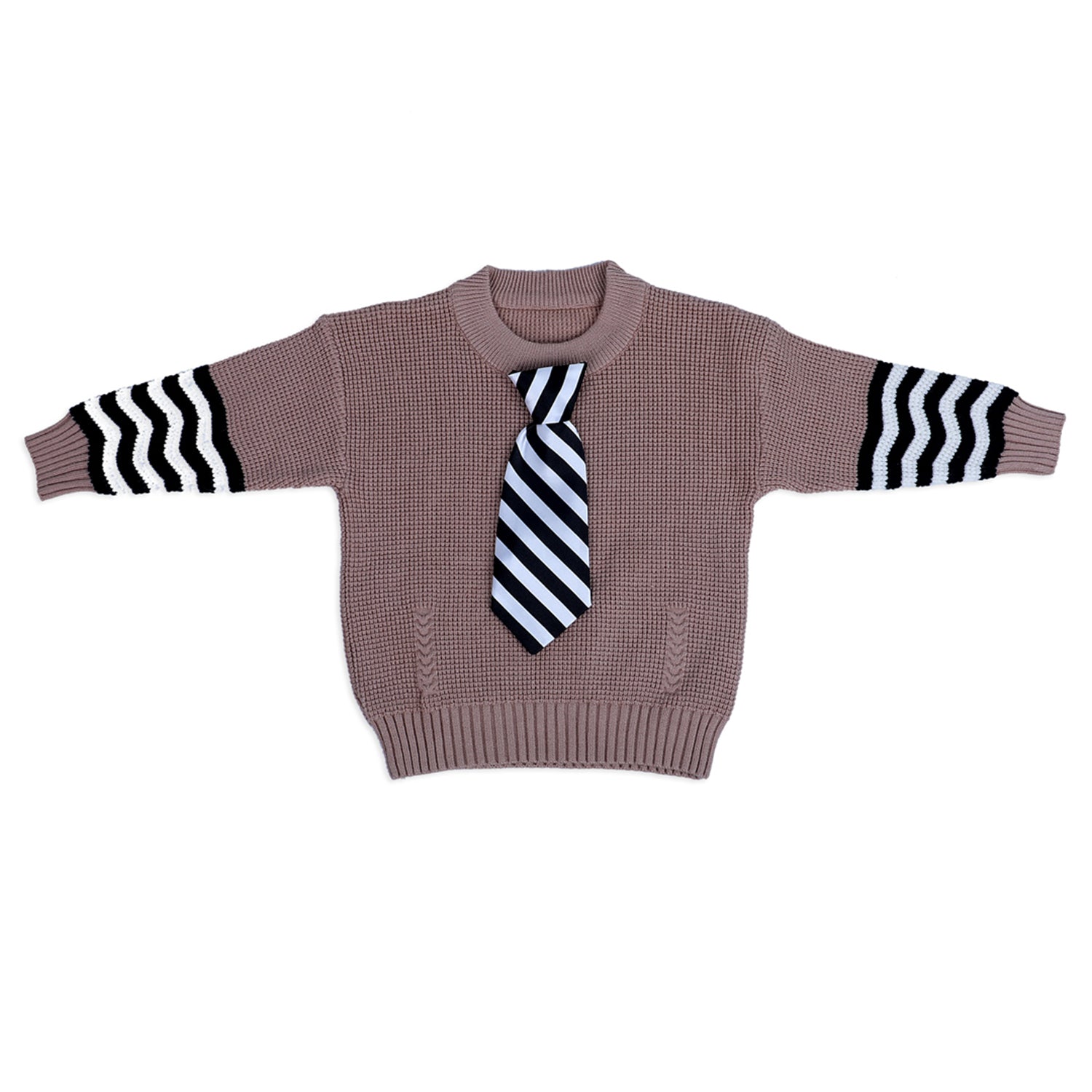 3D Neck Tie Premium Full Sleeves Knitted Sweater - Brown