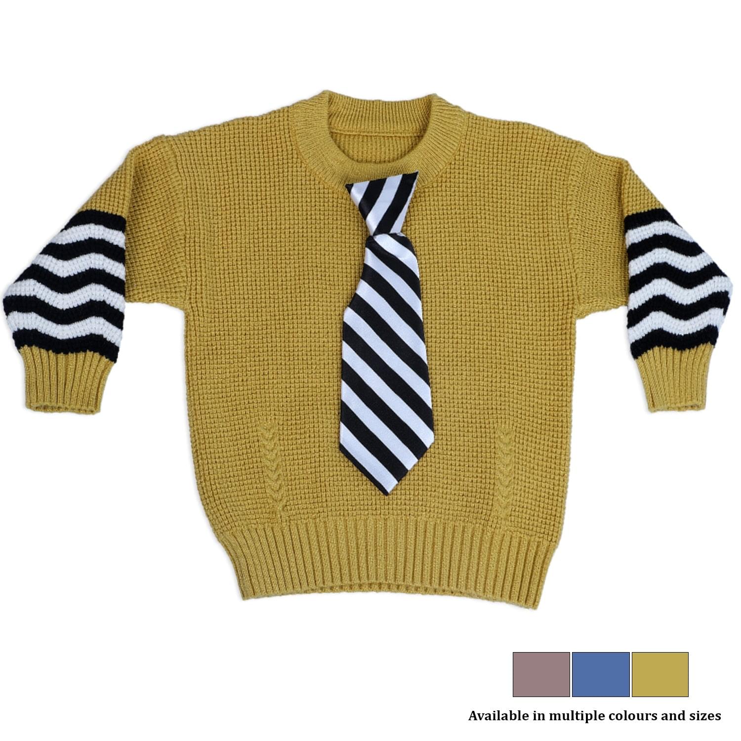 3D Neck Tie Premium Full Sleeves Knitted Sweater - Mustard - Baby Moo