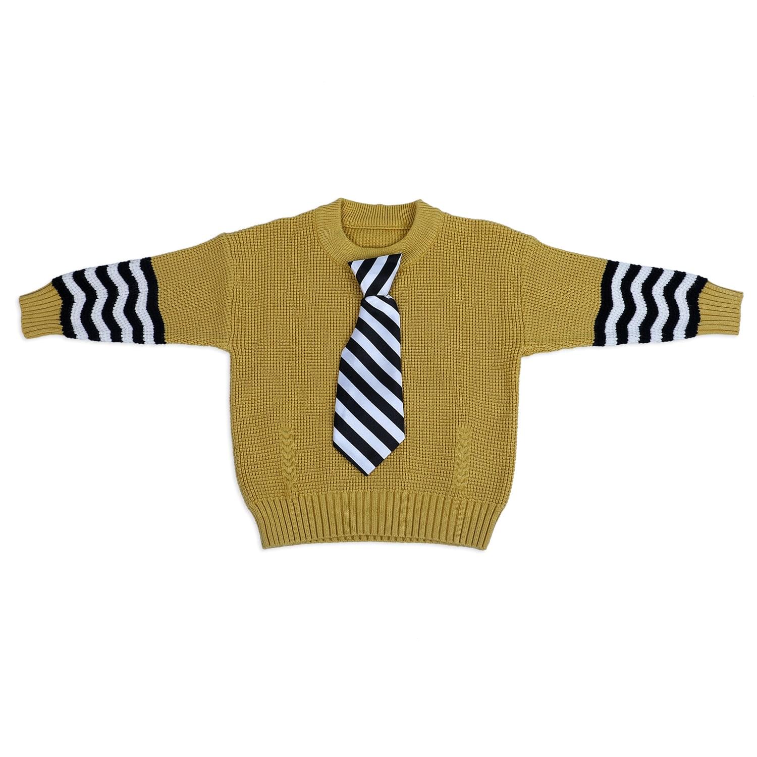 3D Neck Tie Premium Full Sleeves Knitted Sweater - Mustard - Baby Moo