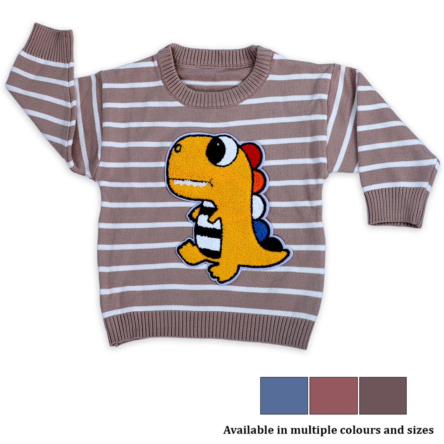 Dashing Dino Striped Premium Full Sleeves Knitted Sweater - Greyish Brown