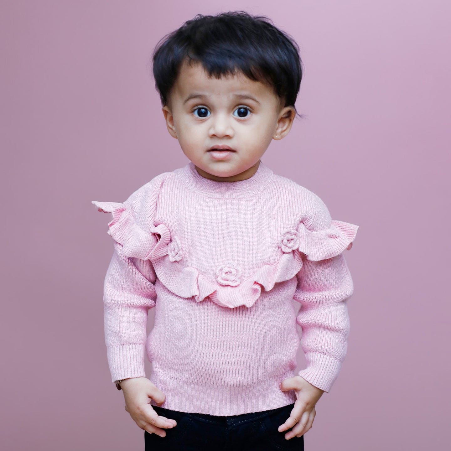 Flowers And Frills Premium Full Sleeves Knitted Sweater - Pink