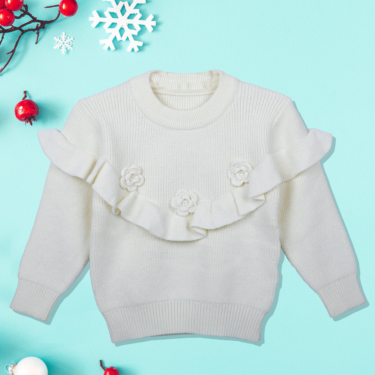 Flowers And Frills Premium Full Sleeves Knitted Sweater - Off White