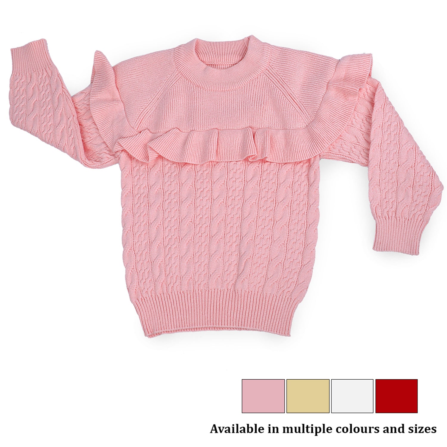 Ruffled Jumper Solid Premium Full Sleeves Braided Knit Sweater - Pink