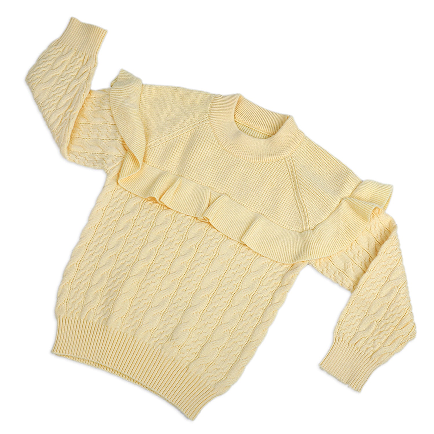 Ruffled Jumper Solid Premium Full Sleeves Braided Knit Sweater - Yellow