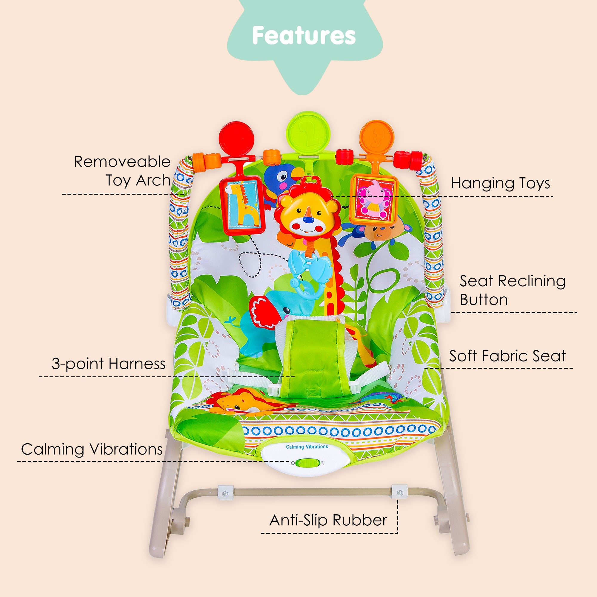 Newborn To Toddler Portable Rocker With Hanging Toys Jungle Green