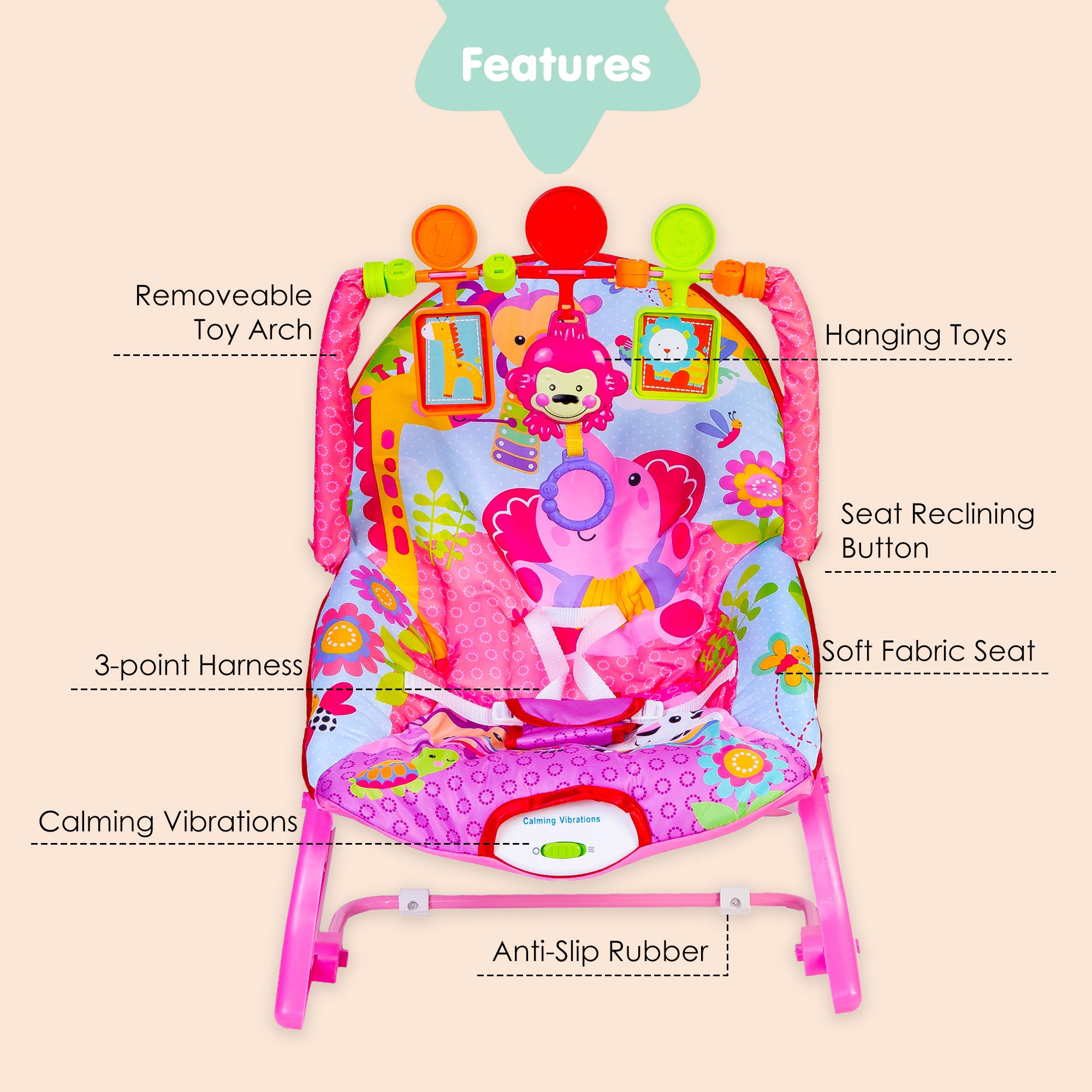 Infant To Toddler Happy Baby Bouncer With Hanging Toys Pink