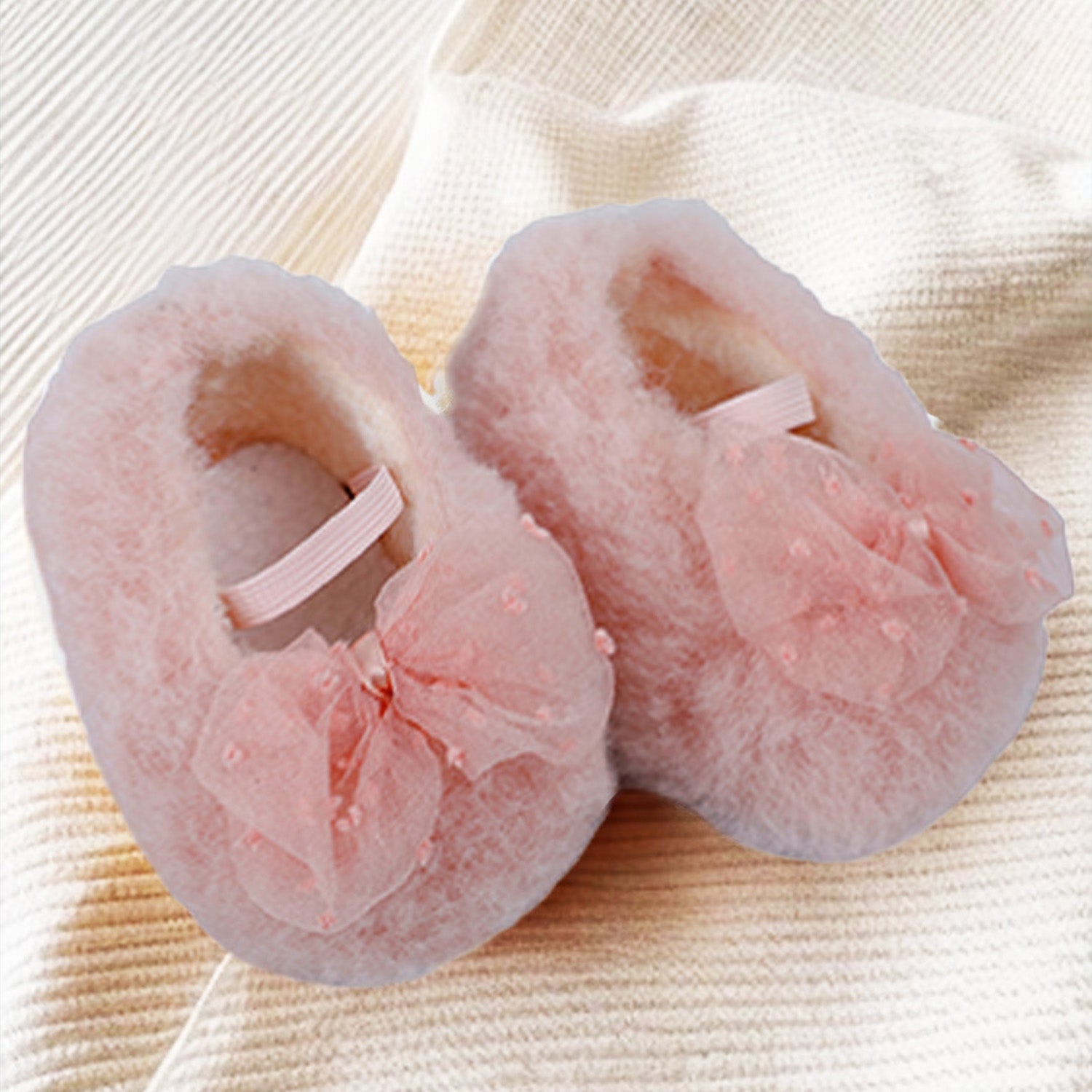 Baby Moo Bow Applique Warm Furry Booties - Pink - Baby Moo