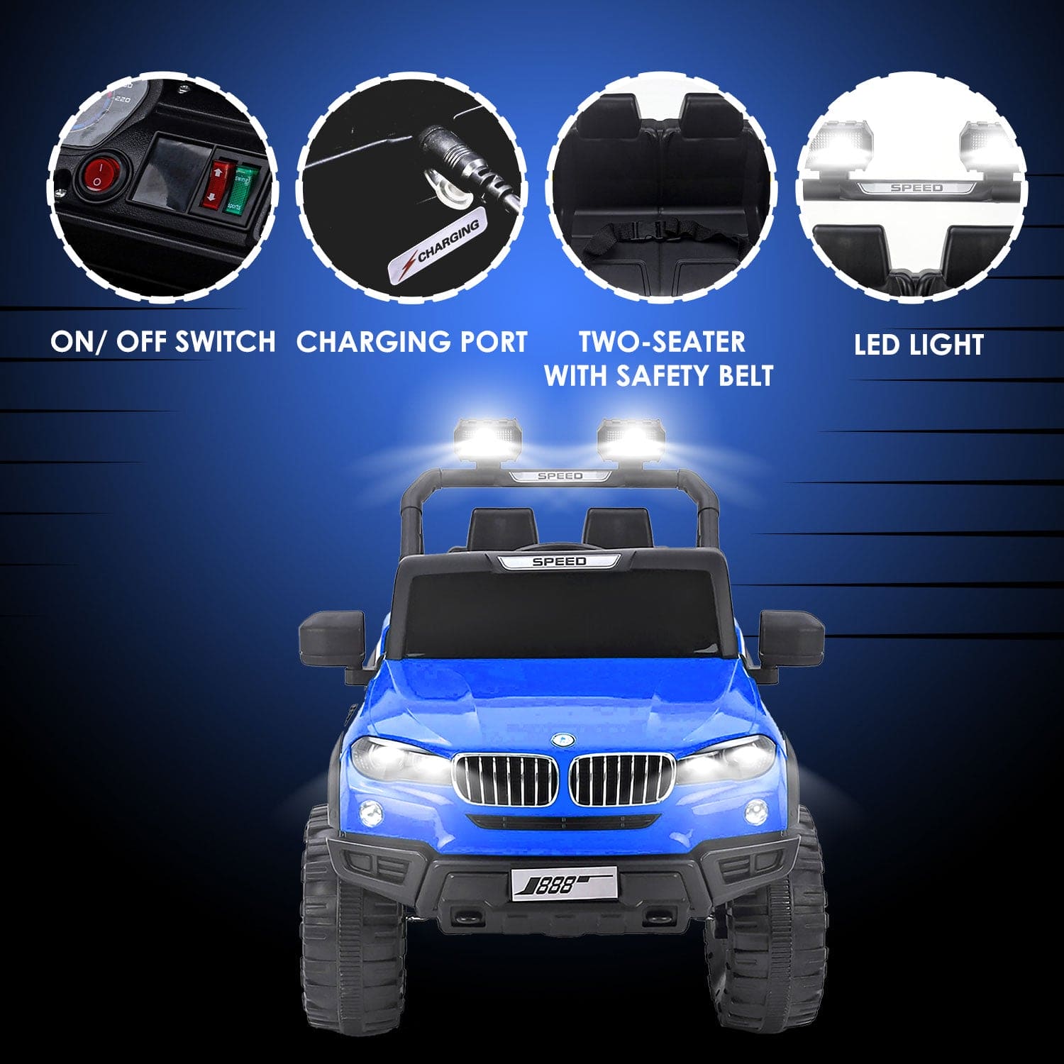 Baby Moo Ford 4X4 Battery Operated Electric Ride On Jeep Rechargeable 12V Battery With Remote Control LED Lights, Music & USB Port - Blue