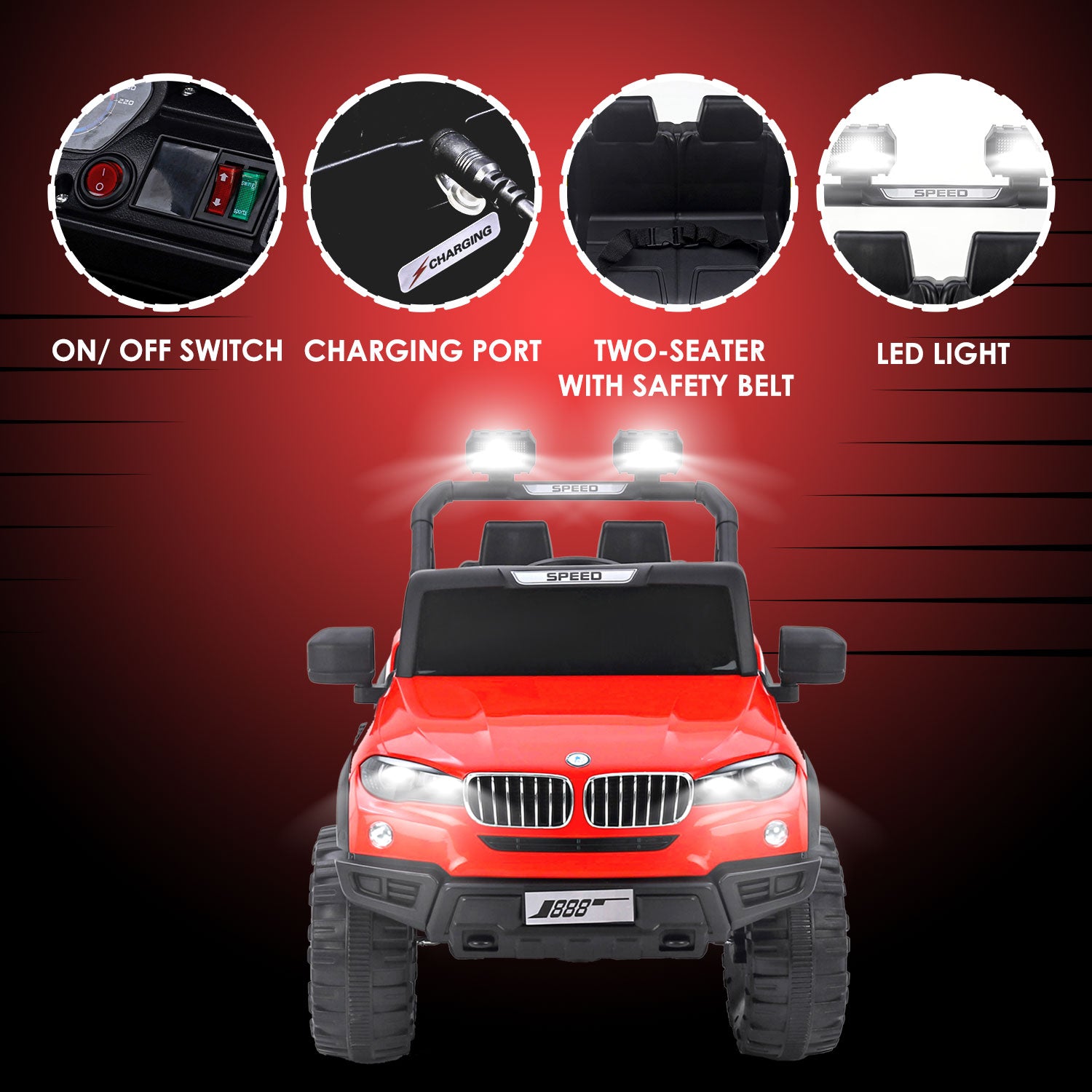 Baby Moo Ford 4X4 Battery Operated Electric Ride On Jeep Rechargeable 12V Battery With Remote Control LED Lights, Music & USB Port - Red