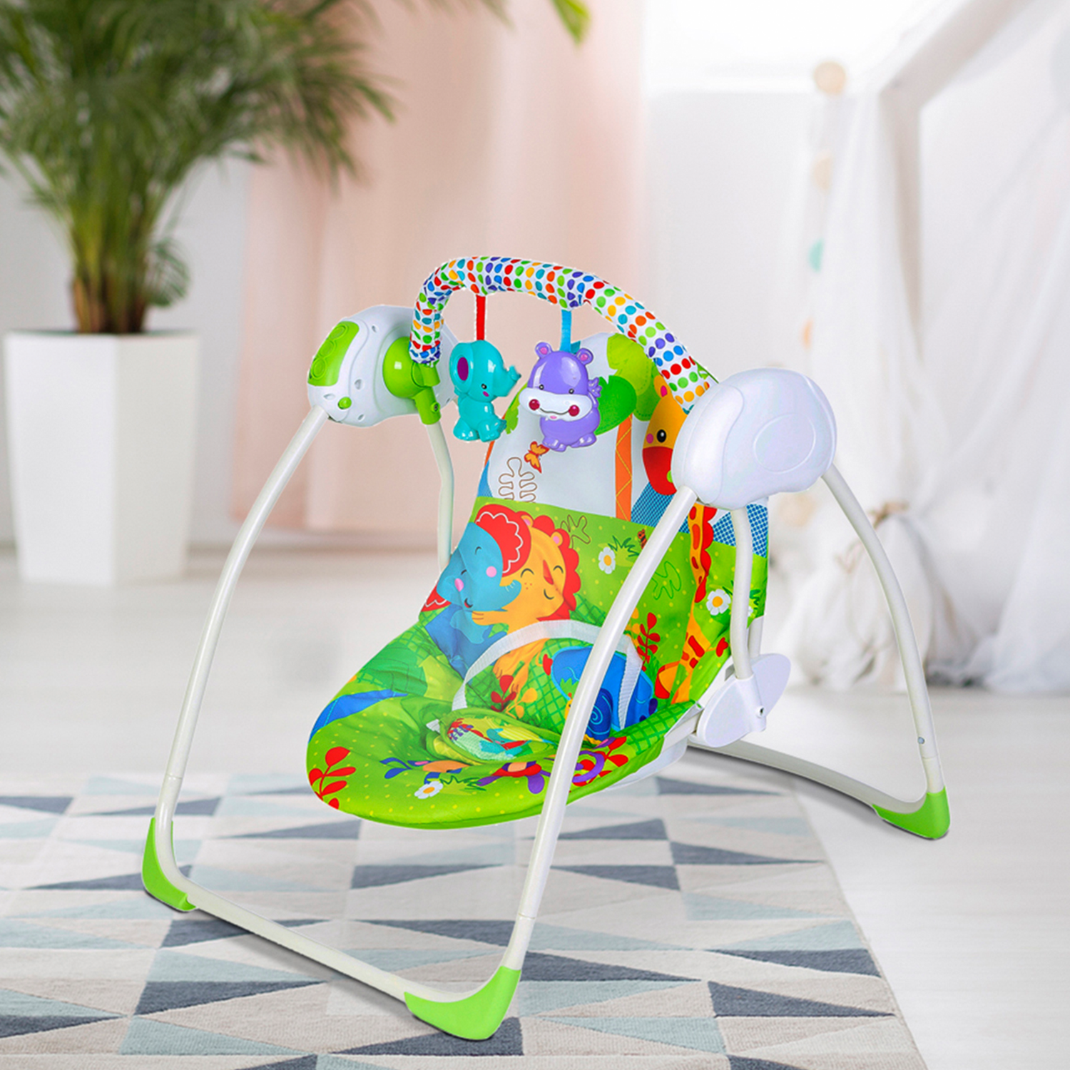 Bright Stars Foldable Musical Comfortable Swing With Animals Green