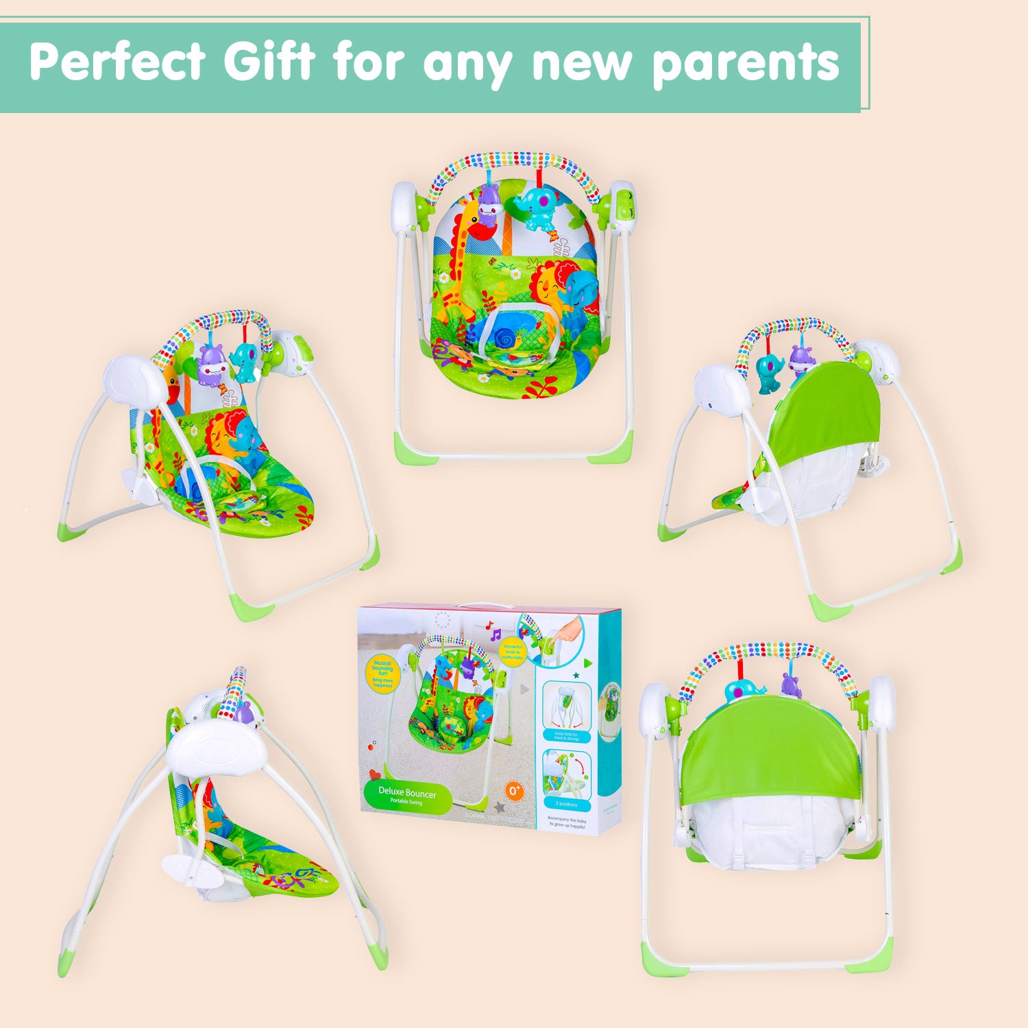 Bright Stars Foldable Musical Comfortable Swing With Animals Green