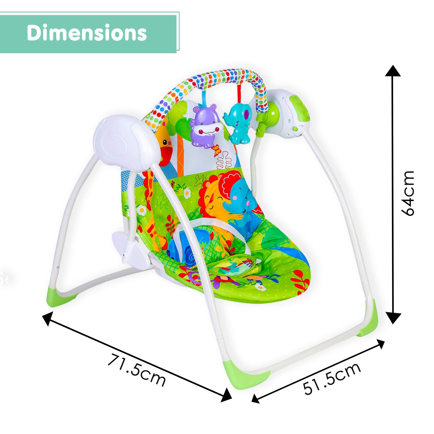 Bright Stars Foldable Musical Comfortable Swing With Animals Green