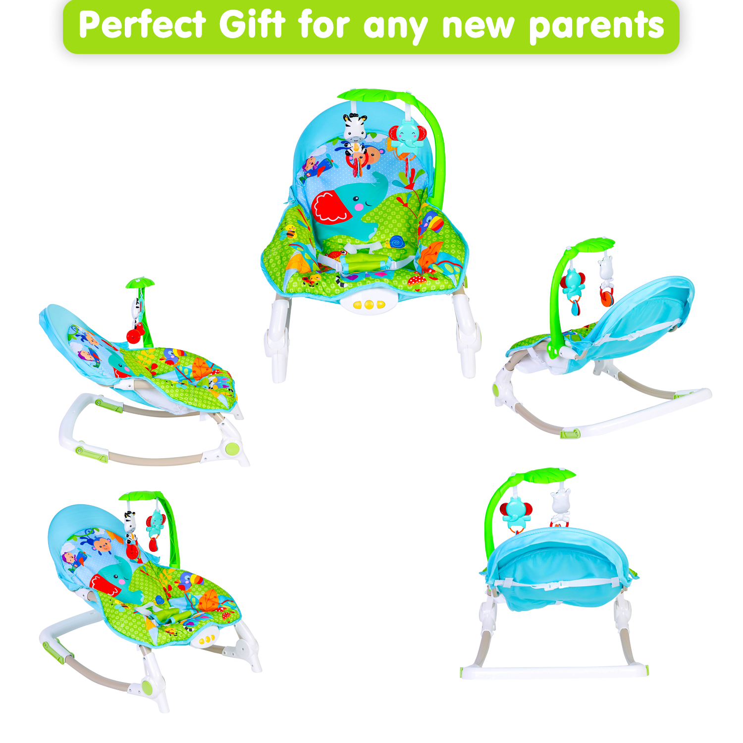 Newborn To Toddler Portable Bouncer With Hanging Toys Blue & Green