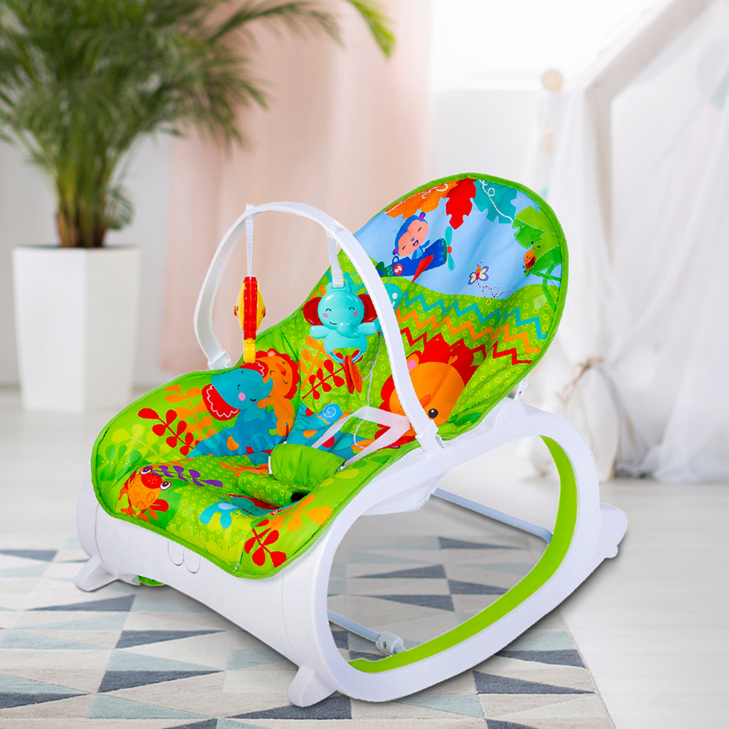 Infant To Toddler With Animals In Jungle Happy Baby Bouncer With Hanging Toys Green