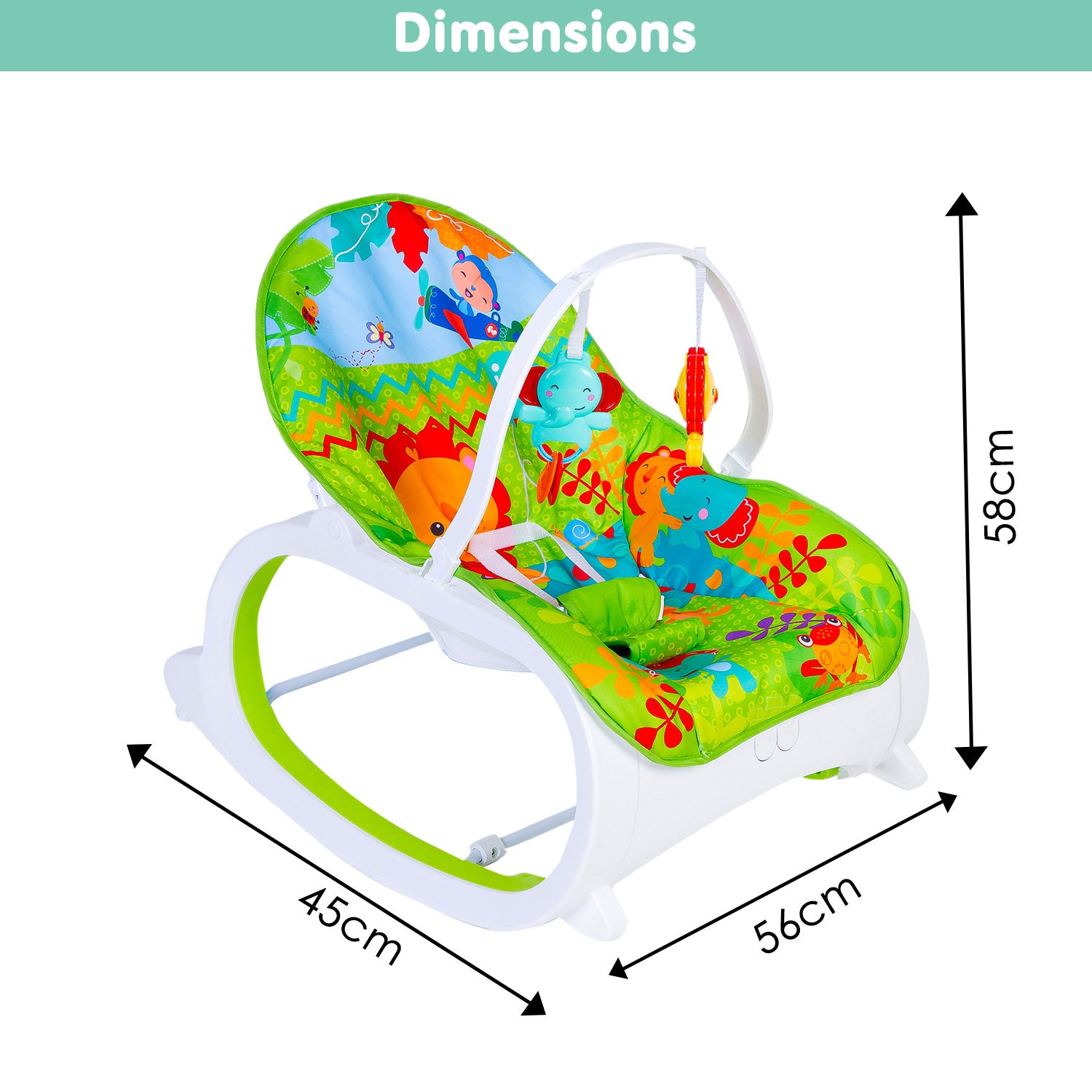 Infant To Toddler With Animals In Jungle Happy Baby Bouncer With Hanging Toys Green