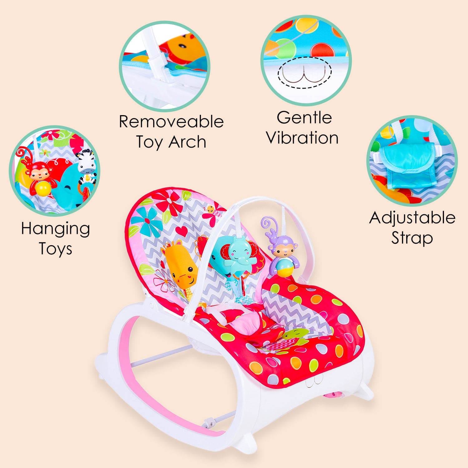 Infant To Toddler Polka Dotted Portable Rocker With Hanging Toys Red & Pink