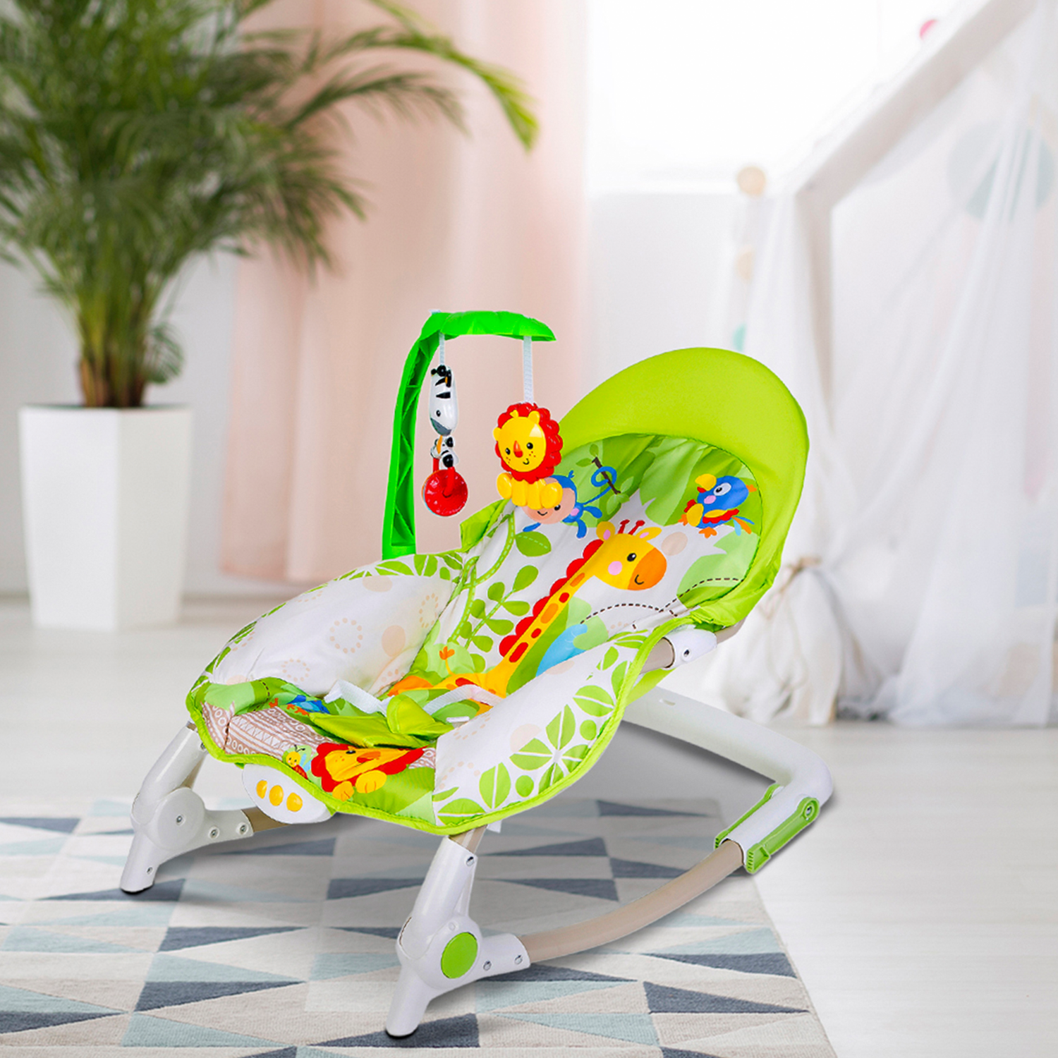 Newborn To Toddler Portable Musical  Rocker With Hanging Toys Green