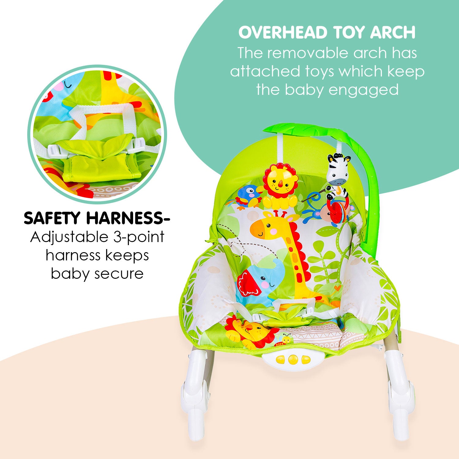 Newborn To Toddler Portable Musical  Rocker With Hanging Toys Green