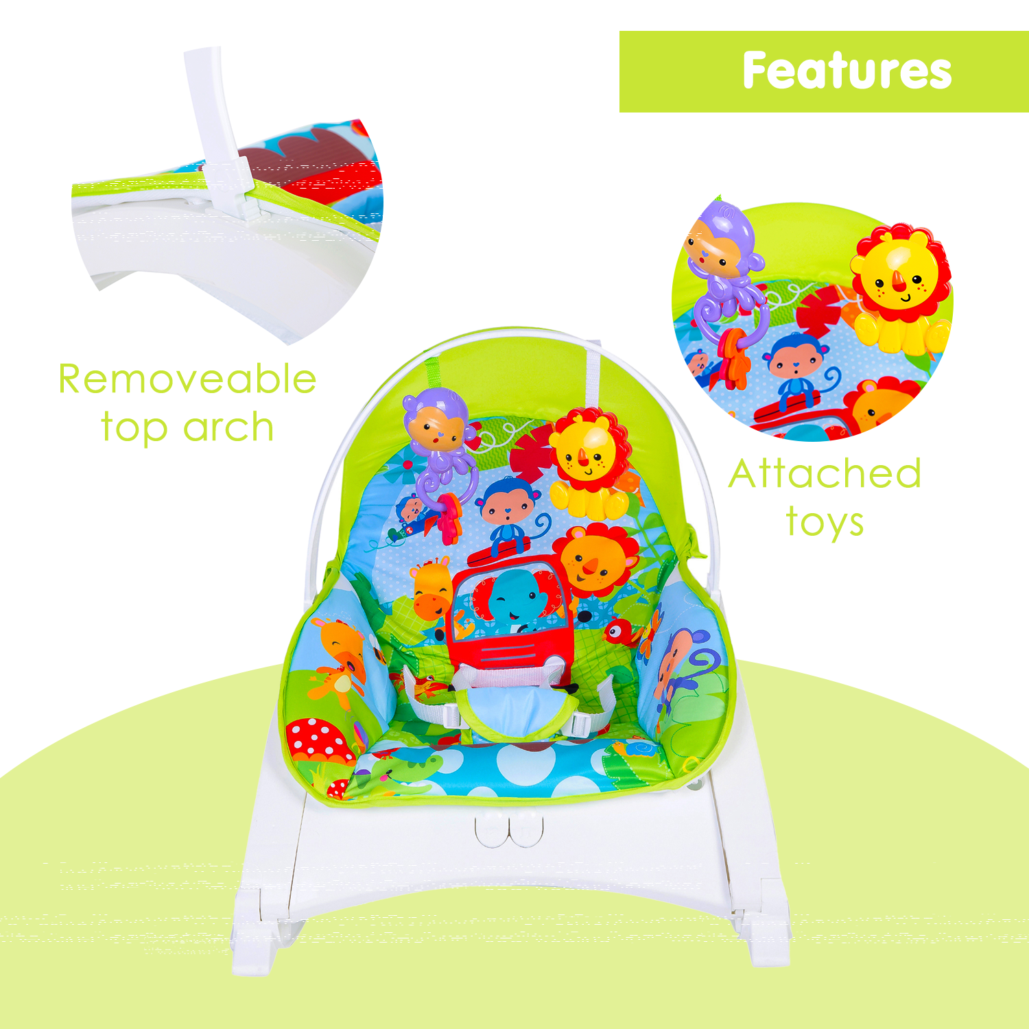 Newborn To Toddler Portable Bouncer With Hanging Toys Green