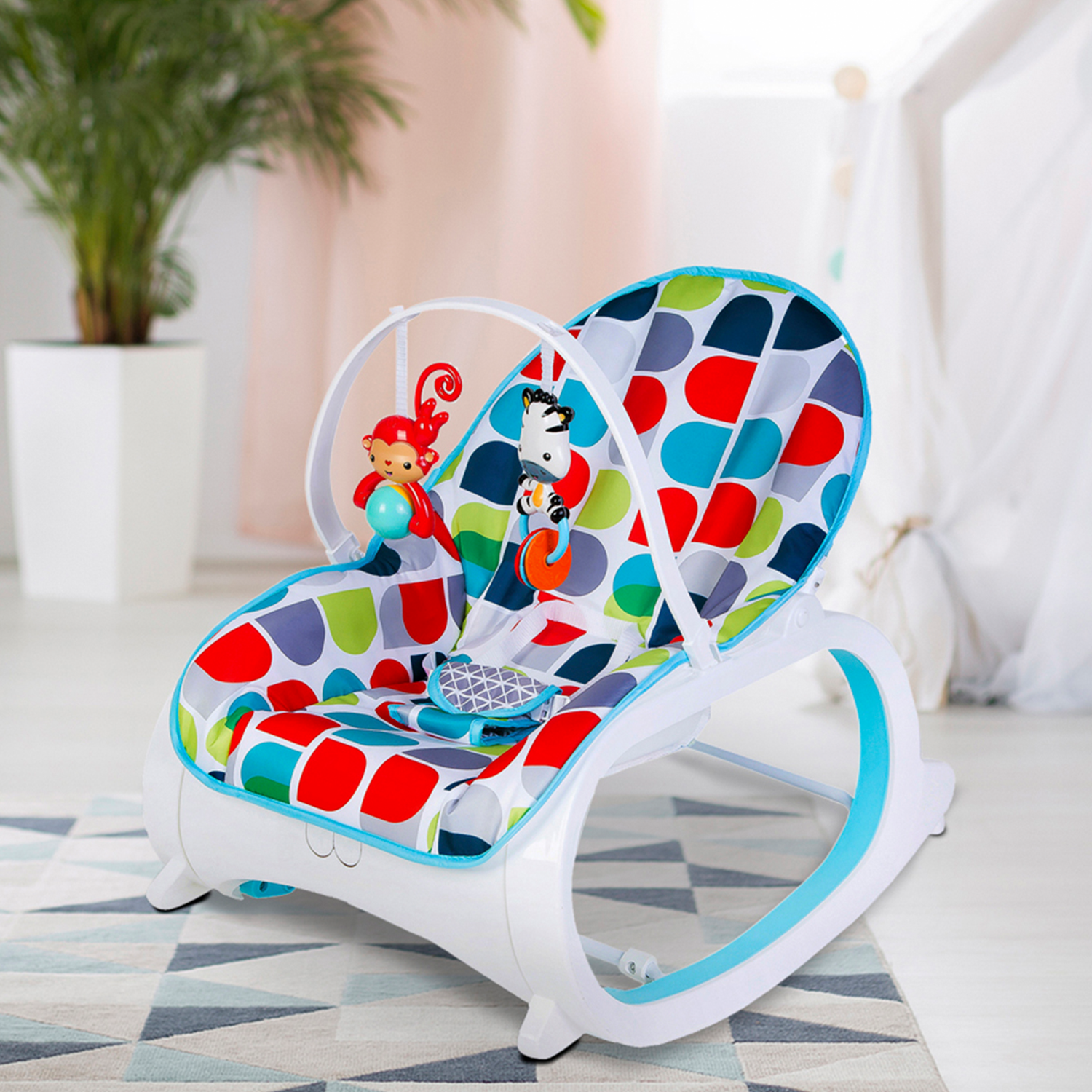Infant To Toddler Polka Dotted Portable Rocker With Hanging Toys Blue