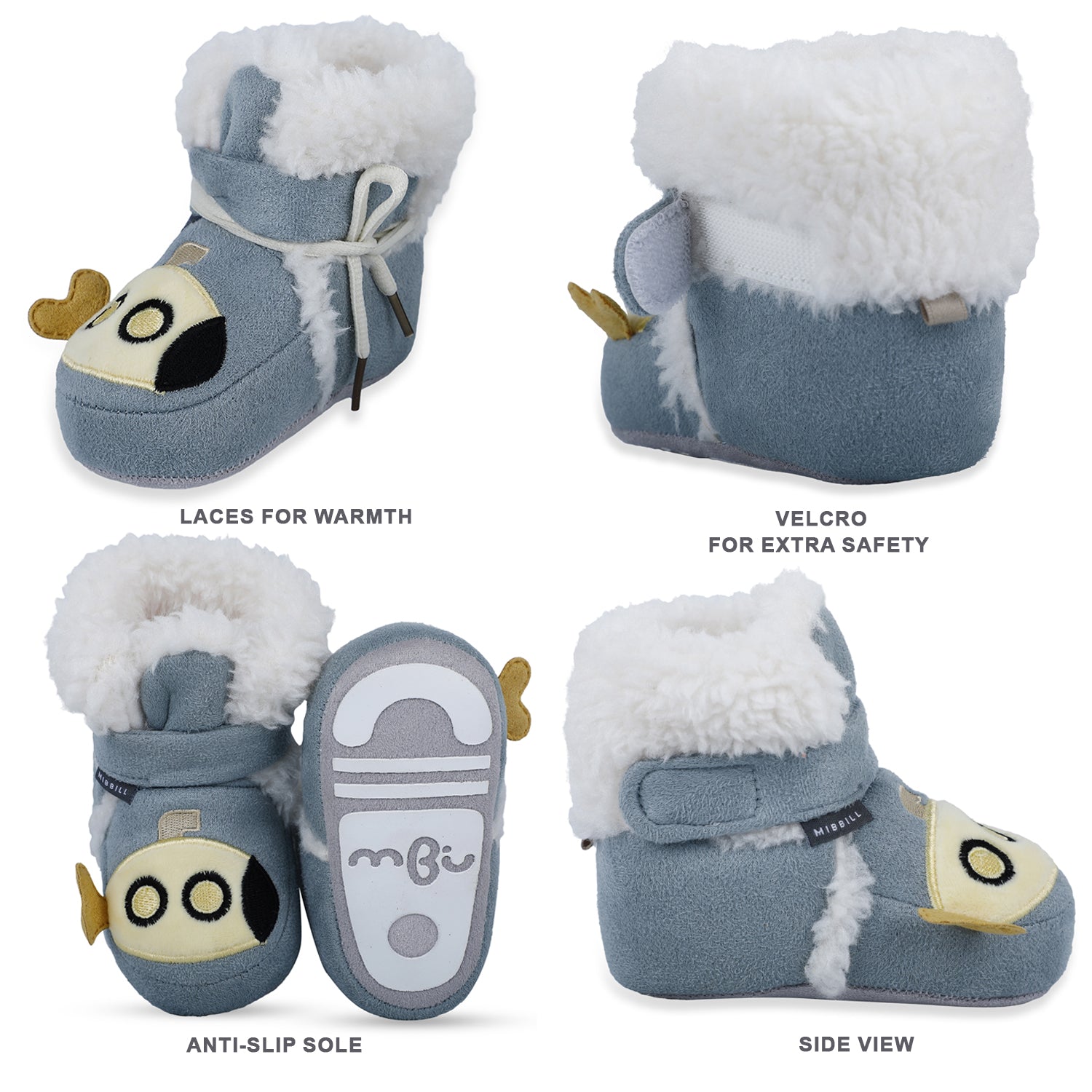 Baby Moo Submarine Velcro Warm Furry Booties - Blue - Baby Moo