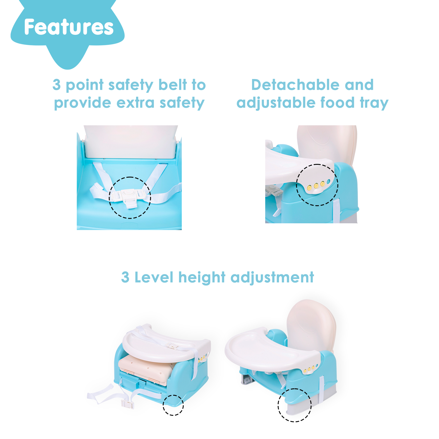 Foldable Feeding Booster Seat Adjustable Height And Food Tray Blue