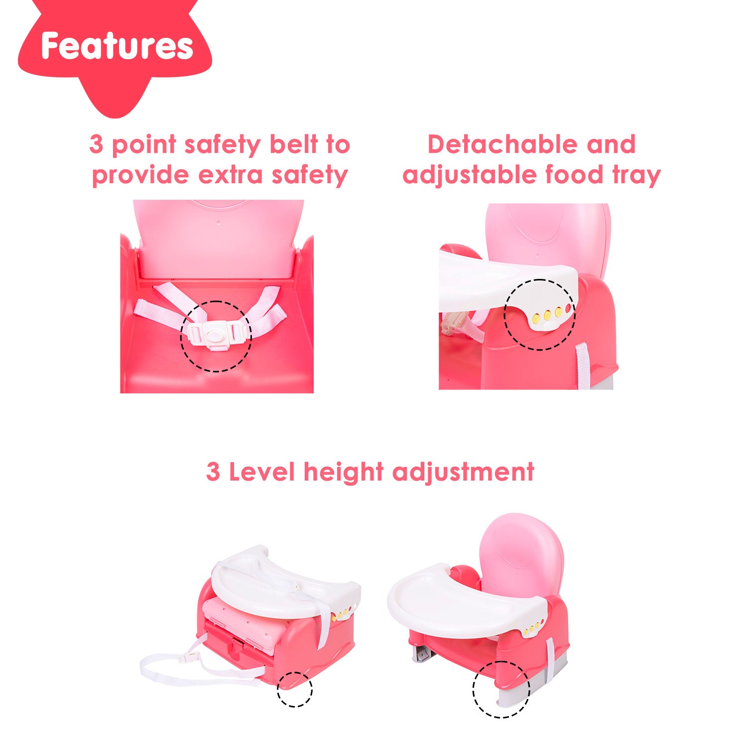 Foldable Feeding Booster Seat Adjustable Height And Food Tray Pink