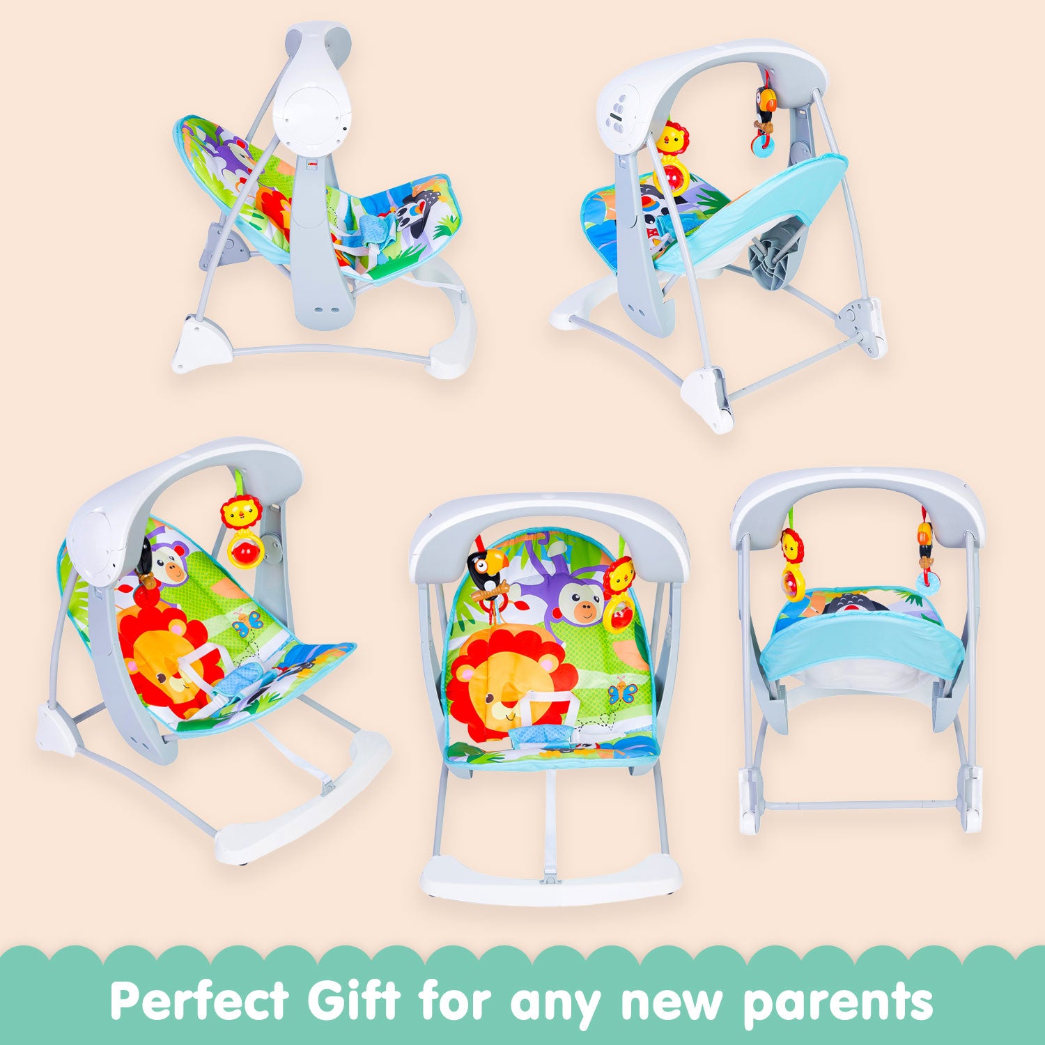 Bright Stars Foldable Musical Comfortable Swing Zoo Print Multicolor