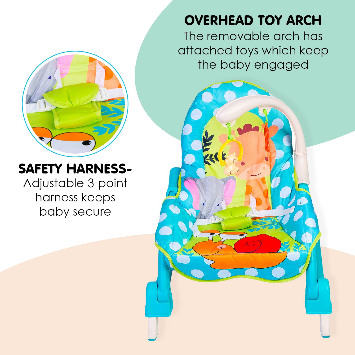 3 Adjustable Level Backrest Musical Baby Rocking Chair Blue Polka Dot