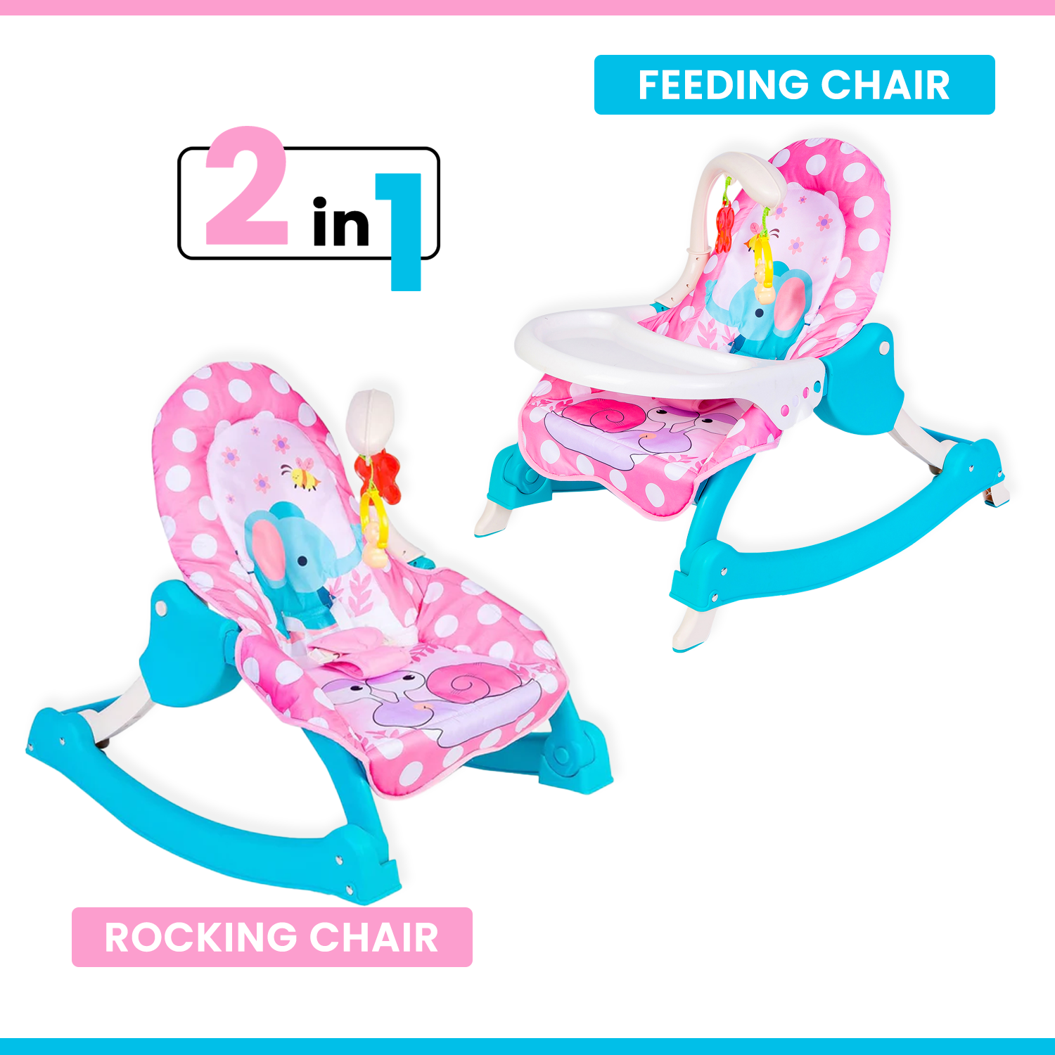 2 In 1 Rocker Cum Feeding Chair 20 Kg Polka Dot Pink