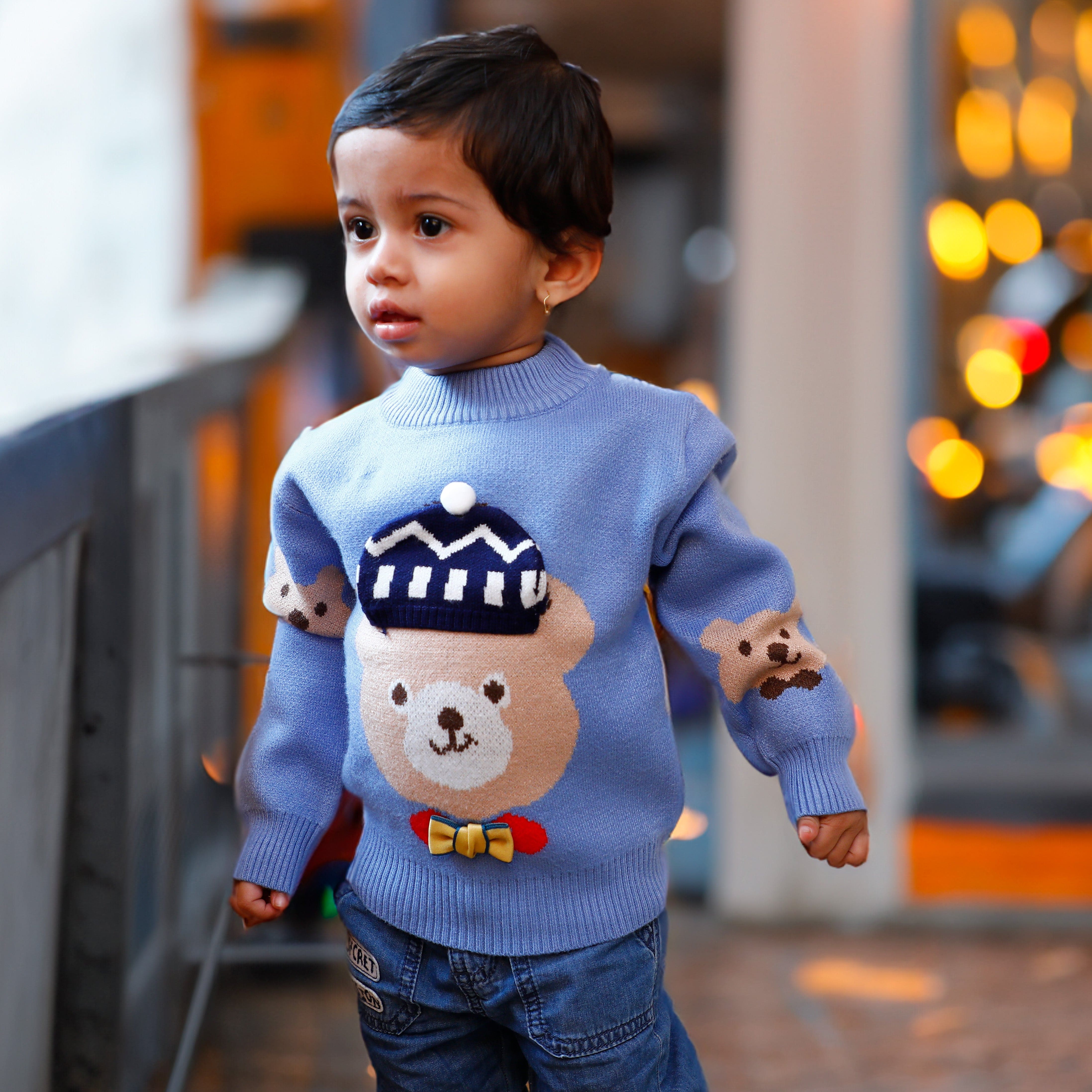 Mr. Bear Premium Full Sleeves Knitted Sweater With 3D Applique - Blue
