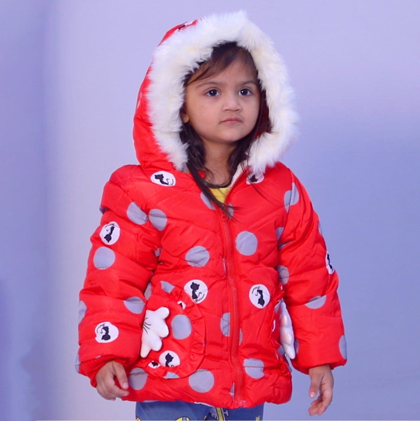 Polka Dotted Red Hooded Full Sleeve Padded Jacket