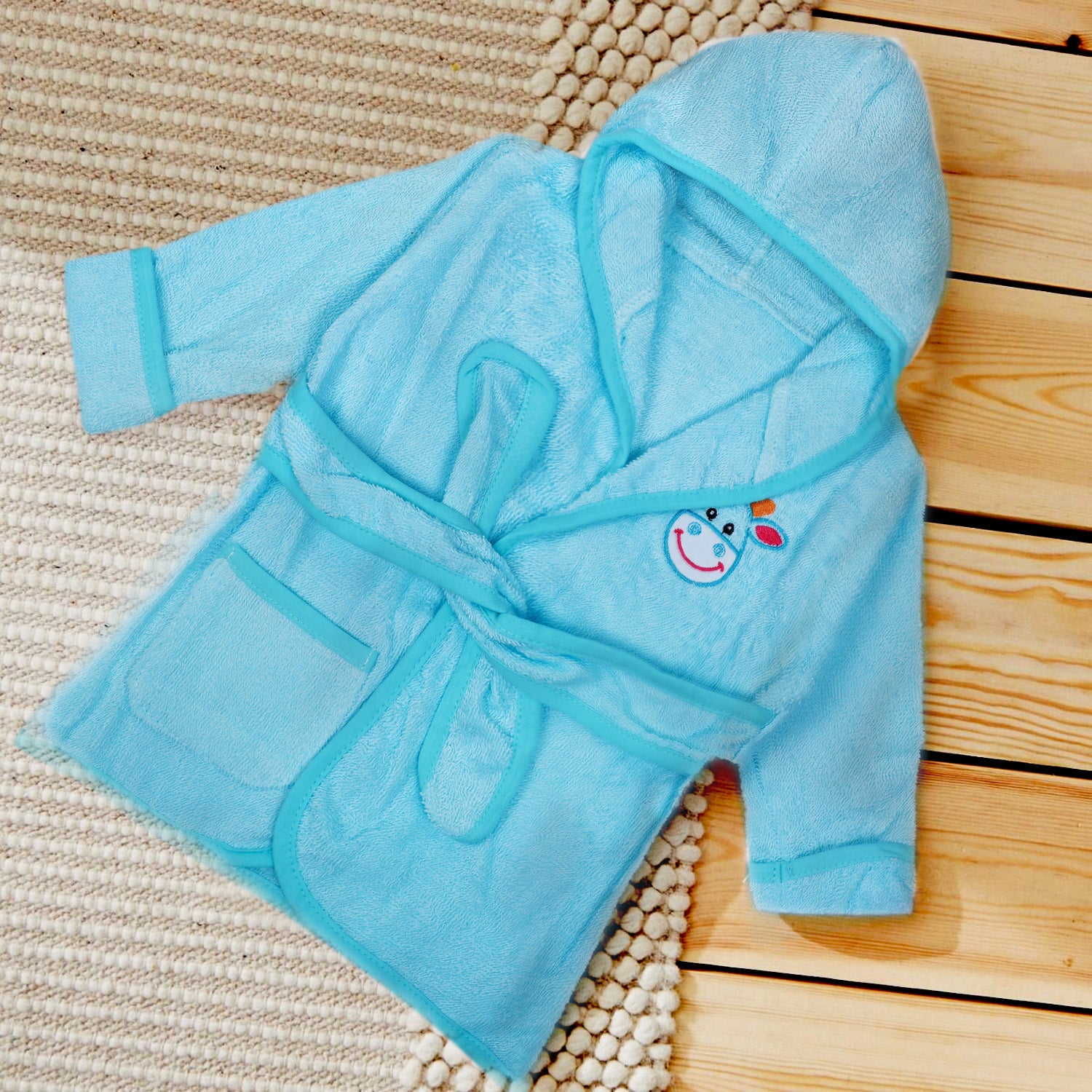Baby Moo Blushing Cow Embroidered Half Sleeves Bathrobe - Turquoise - Baby Moo