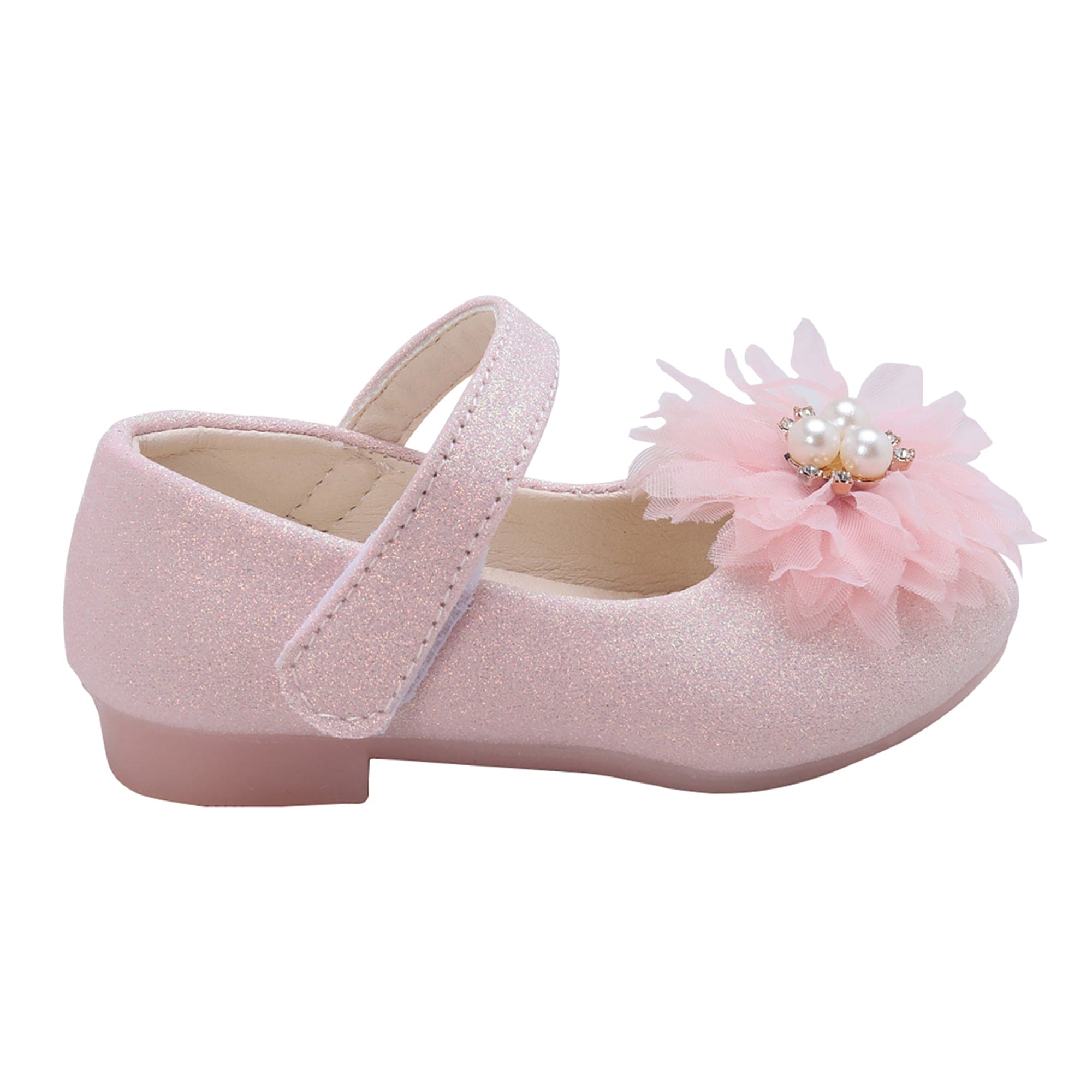 Baby Moo Glittery Pearl Embellished Floral Applique Mary Jane Velcro Strap Anti-Skid Ballerina Shoes - Pink