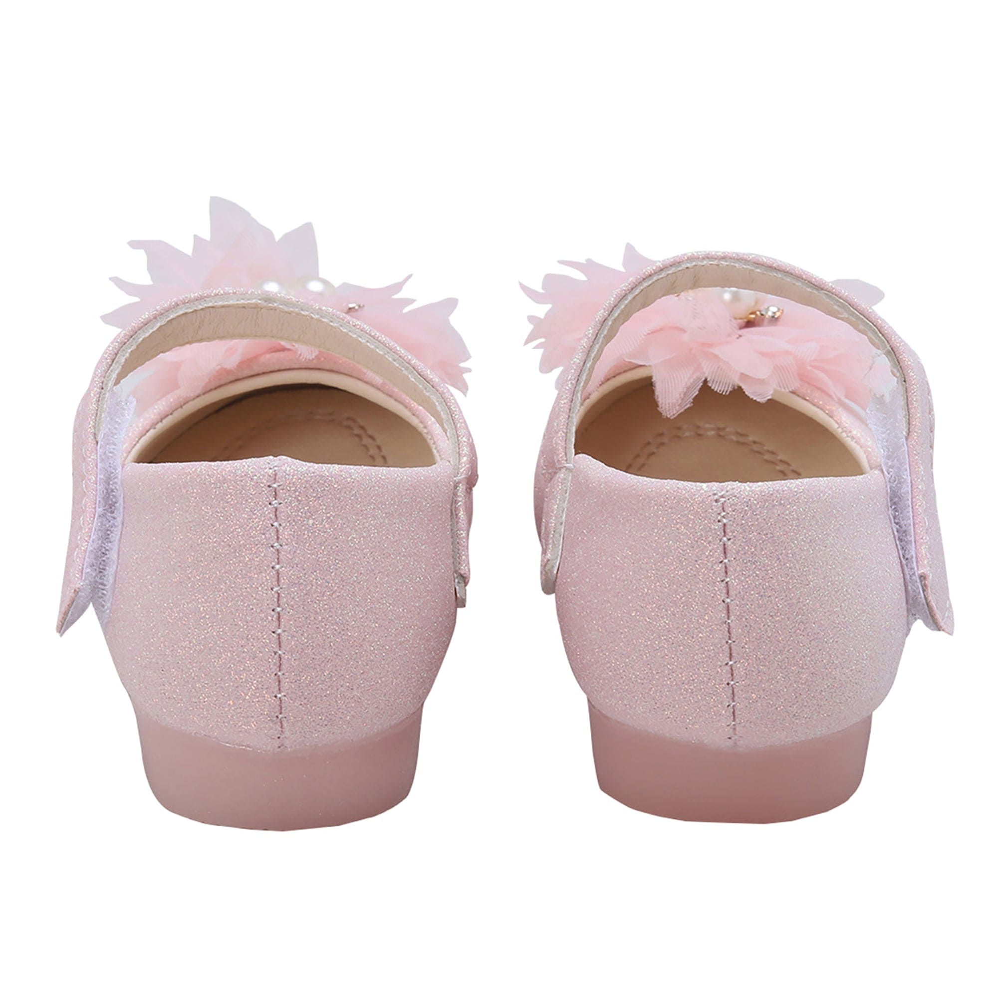 Baby Moo Glittery Pearl Embellished Floral Applique Mary Jane Velcro Strap Anti-Skid Ballerina Shoes - Pink