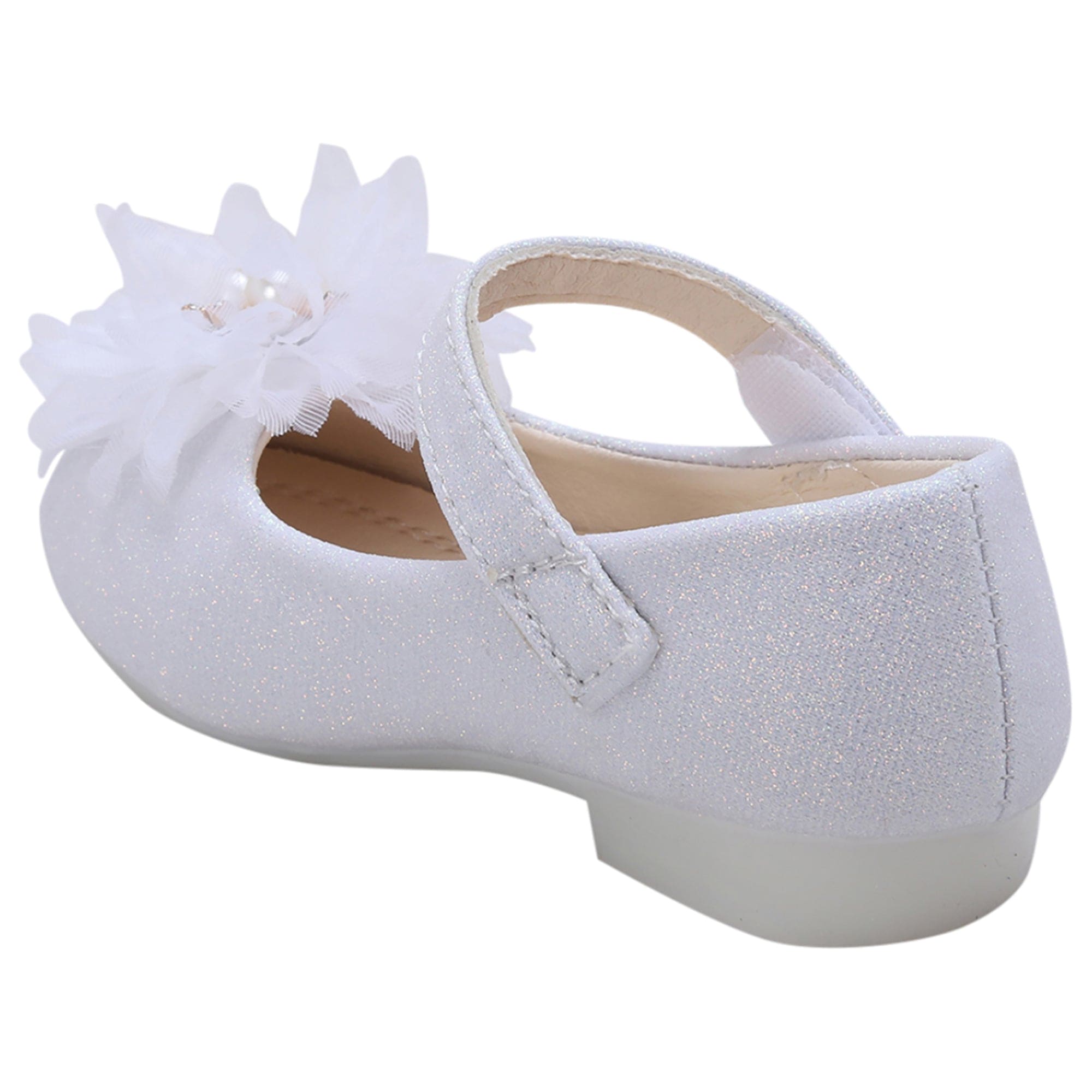 Baby Moo Glittery Pearl Embellished Floral Applique Mary Jane Velcro Strap Anti-Skid Ballerina Shoes - White