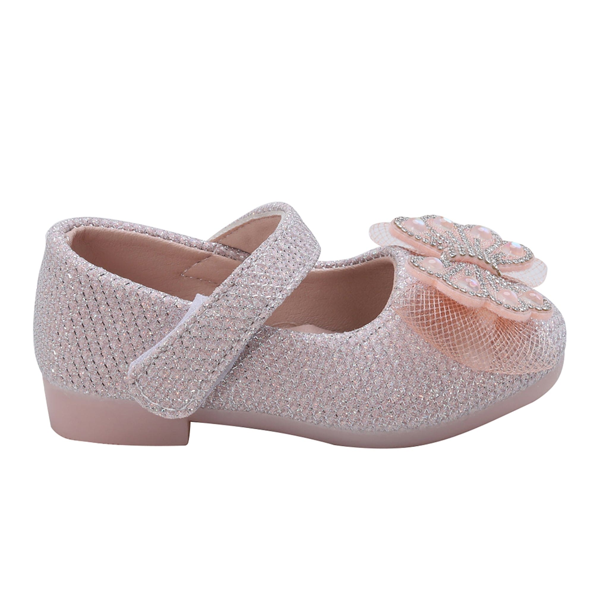 Baby Moo Glittery Butterfly Bow Mary Jane Velcro Strap Anti-Skid Ballerina Shoes - Pink