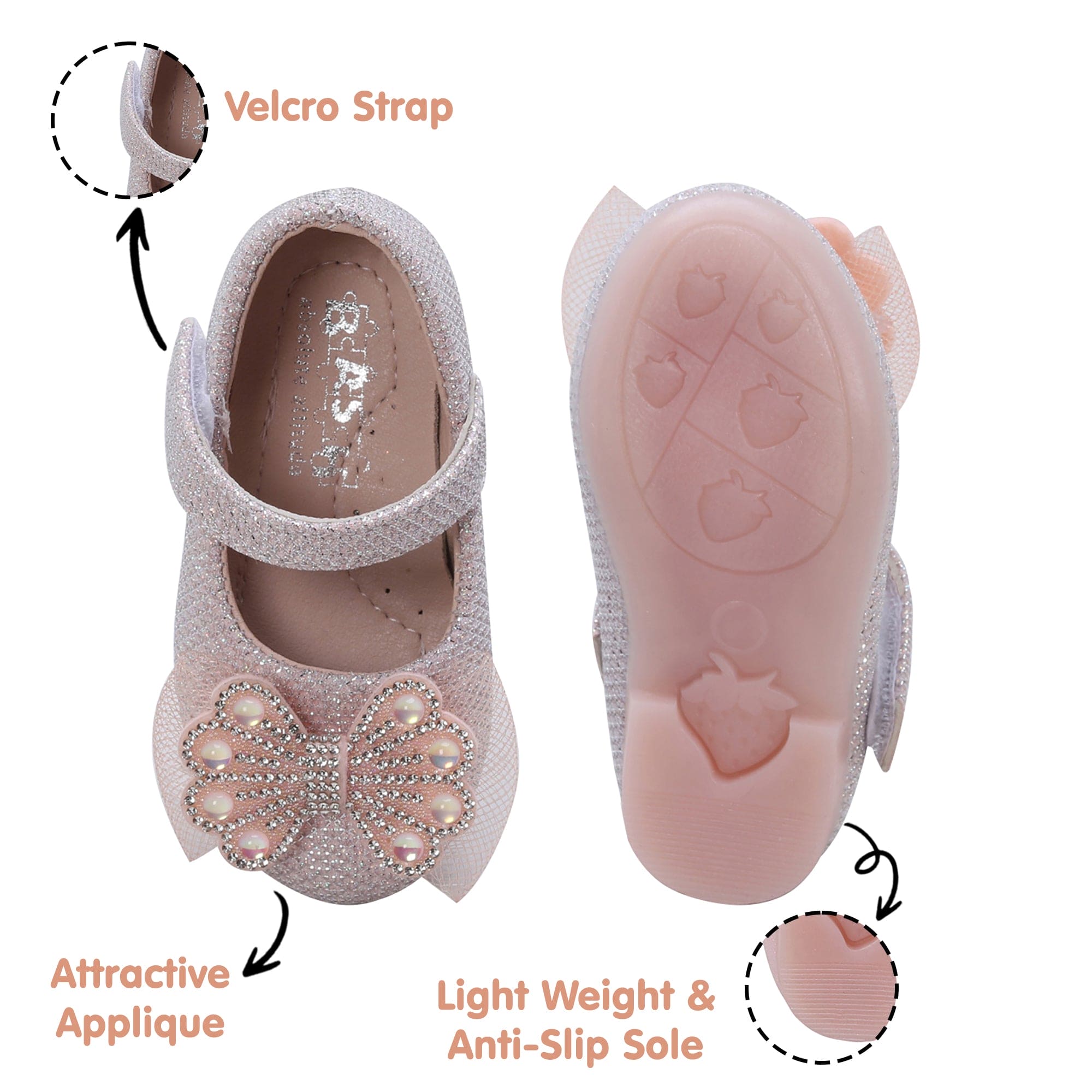 Baby Moo Glittery Butterfly Bow Mary Jane Velcro Strap Anti-Skid Ballerina Shoes - Pink