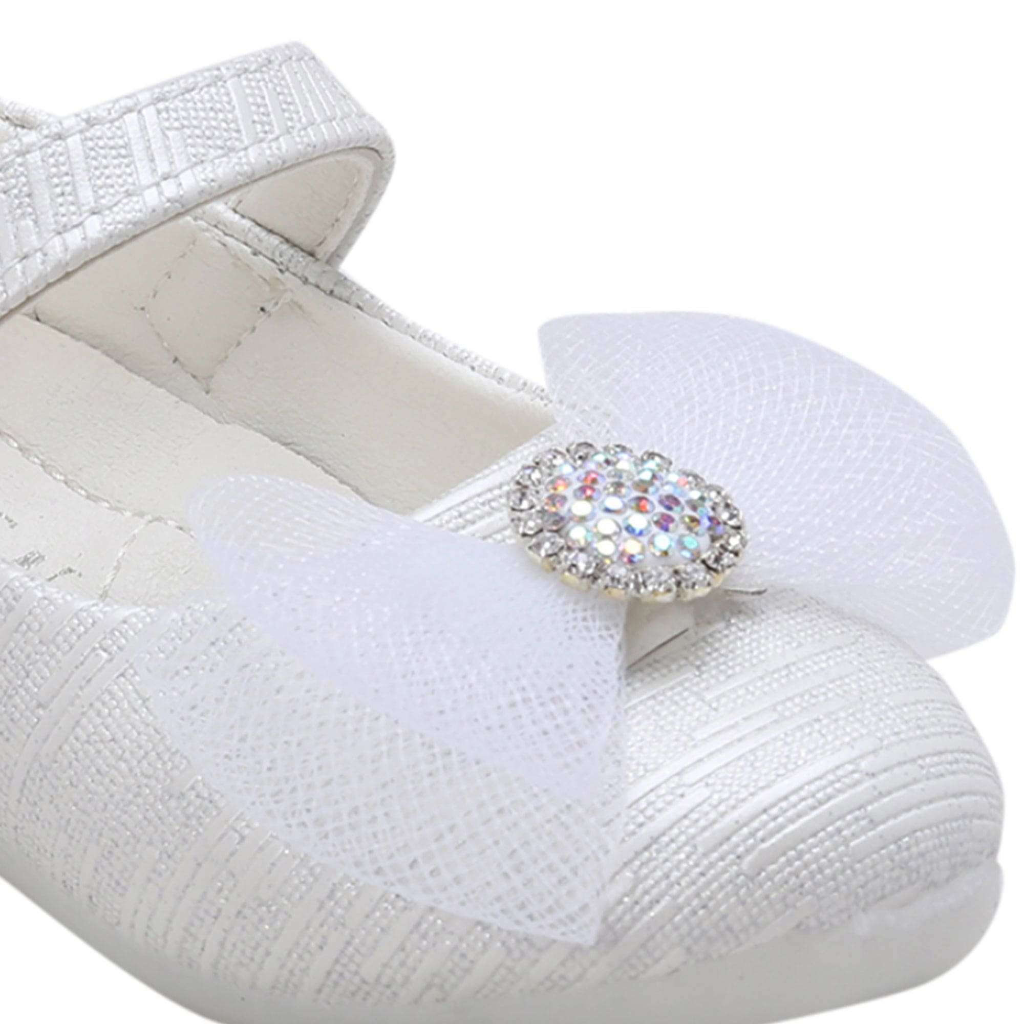 Baby Moo Royal Rhinestone Bow Velcro Strap Anti-Skid Ballerina Shoes - White