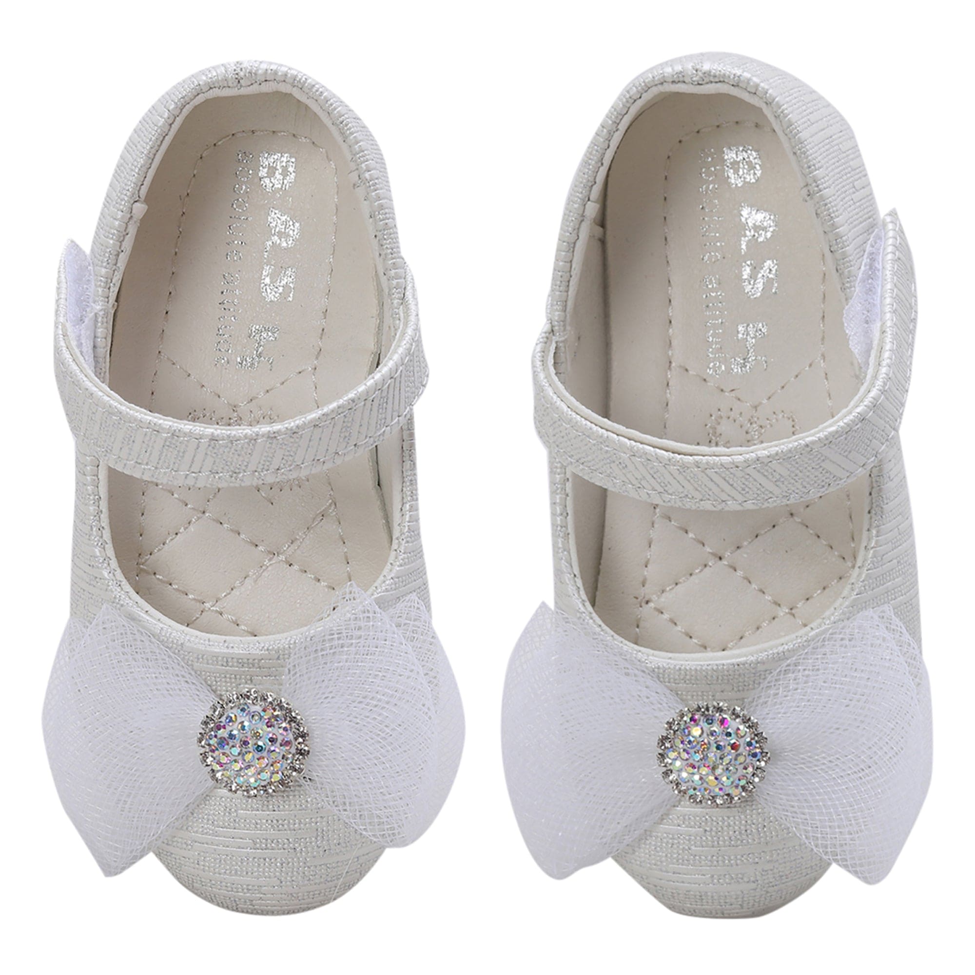 Baby Moo Royal Rhinestone Bow Velcro Strap Anti-Skid Ballerina Shoes - White