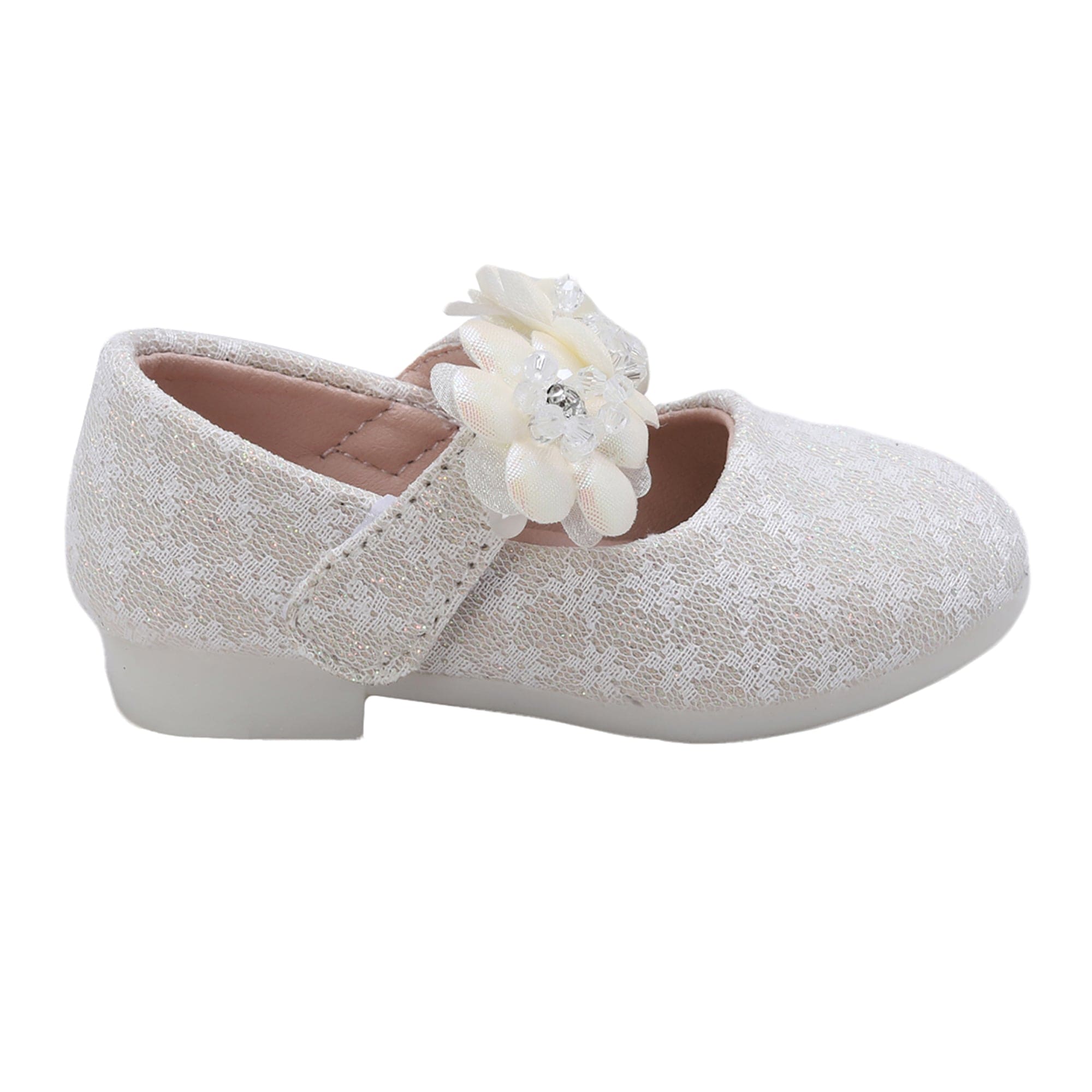 Baby Moo Mary Jane Lace Floral Applique On Velcro Strap Anti-Skid Ballerina Shoes - Gold